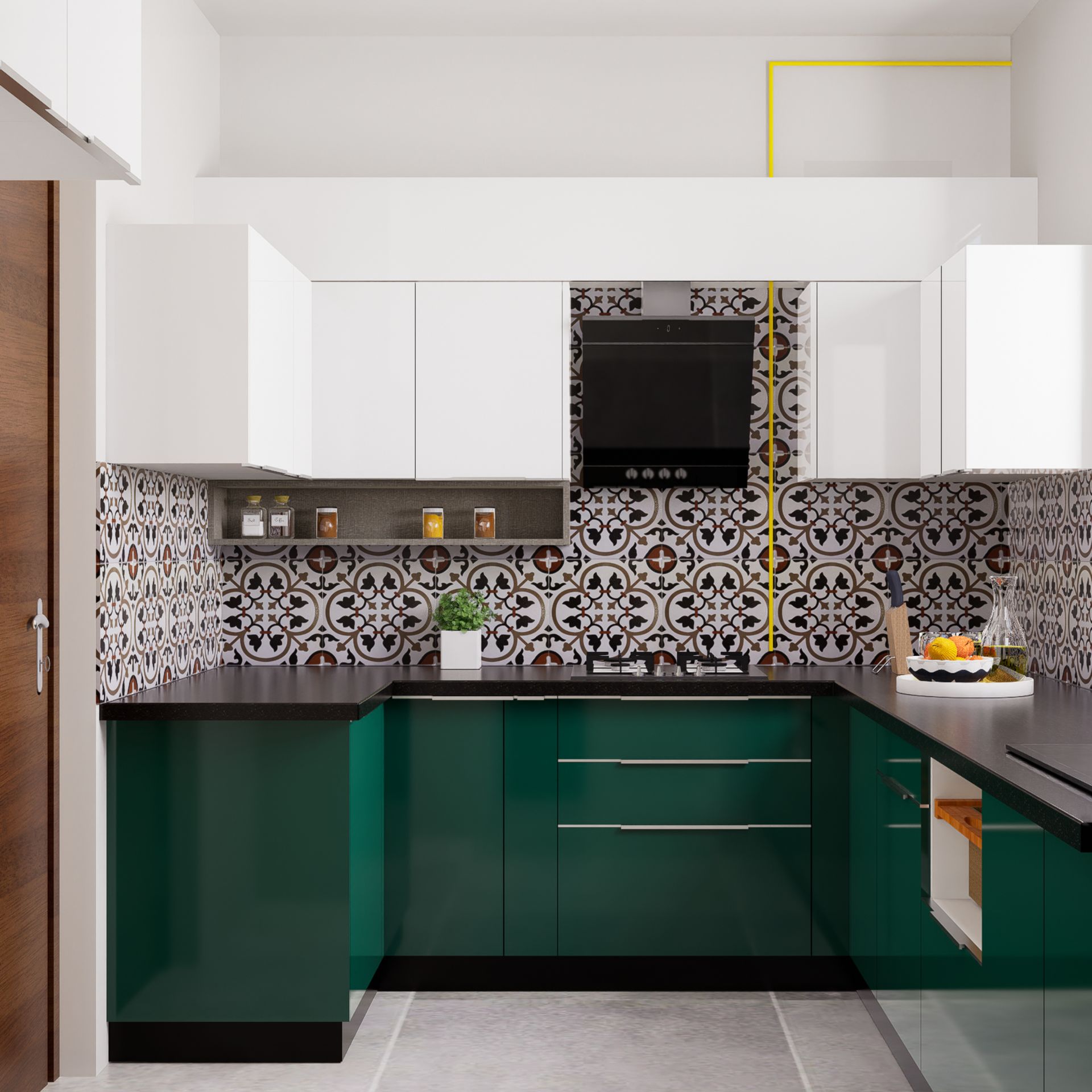 Contemporary U-Shaped Kitchen Design With Granite Top, Emerald Cabinets ...