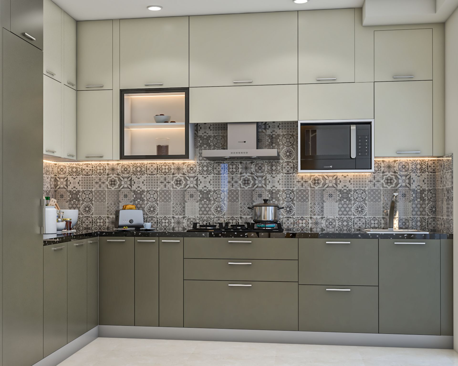 Contemporary L-Shaped Kitchen Design With Granite Countertop and ...
