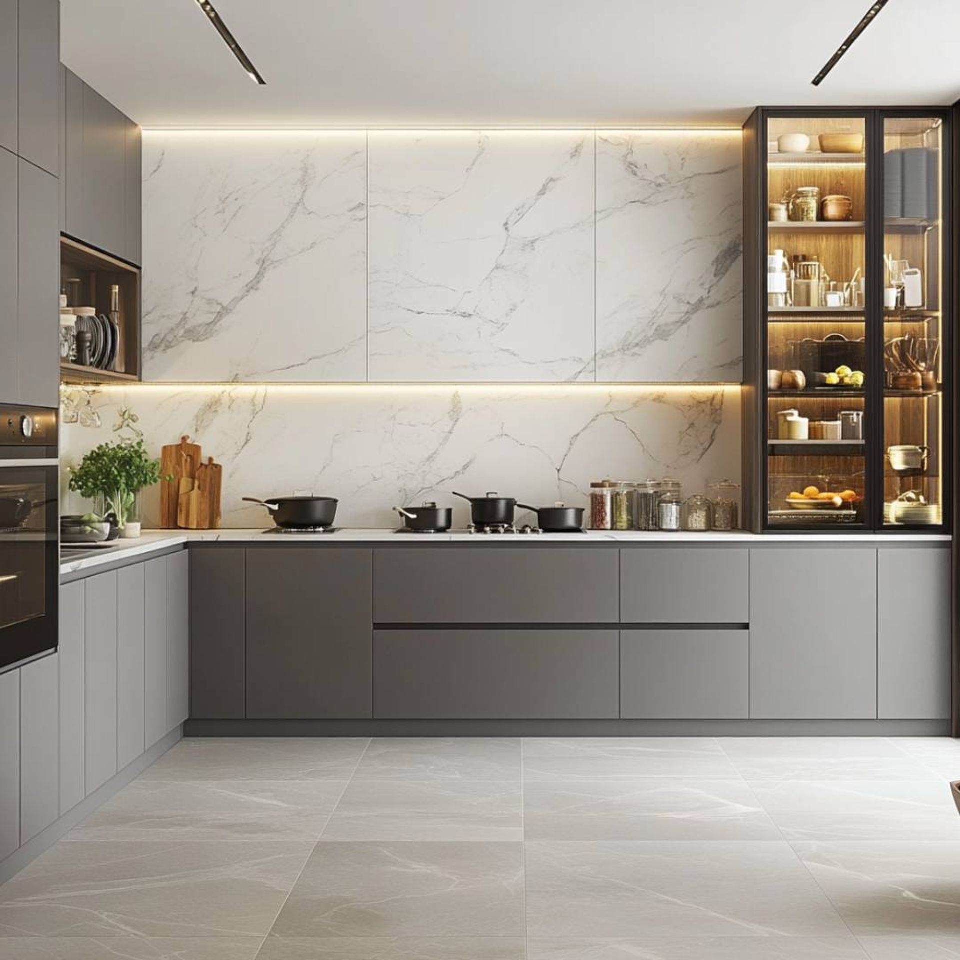 L-Shaped Modern Kitchen Design with Display Cabinet and Quartz Top ...