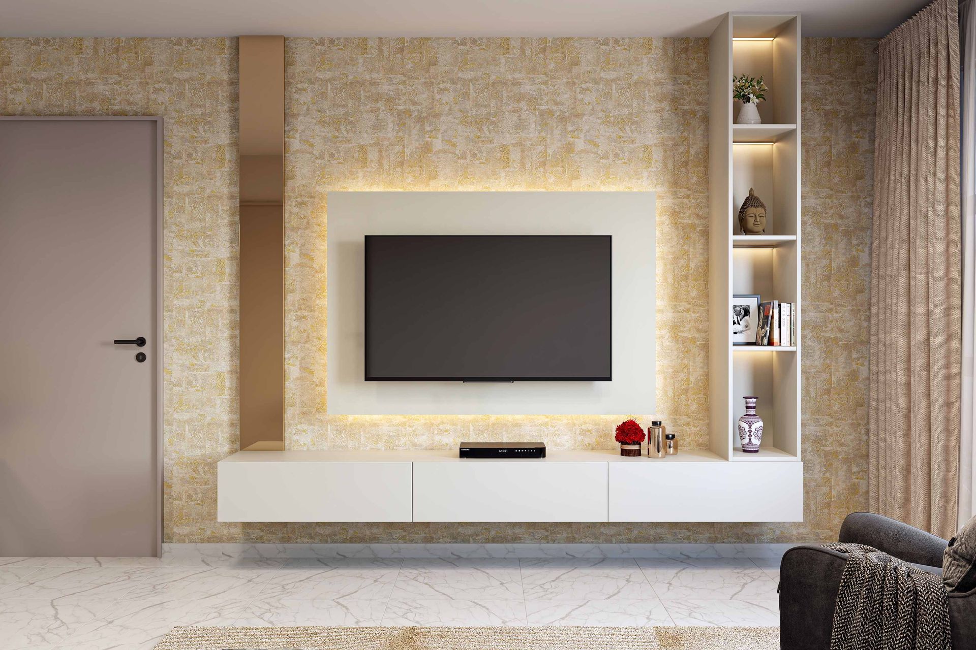 White Modern TV Unit Design with Backlit Panel and Wall-Mounted Drawers ...