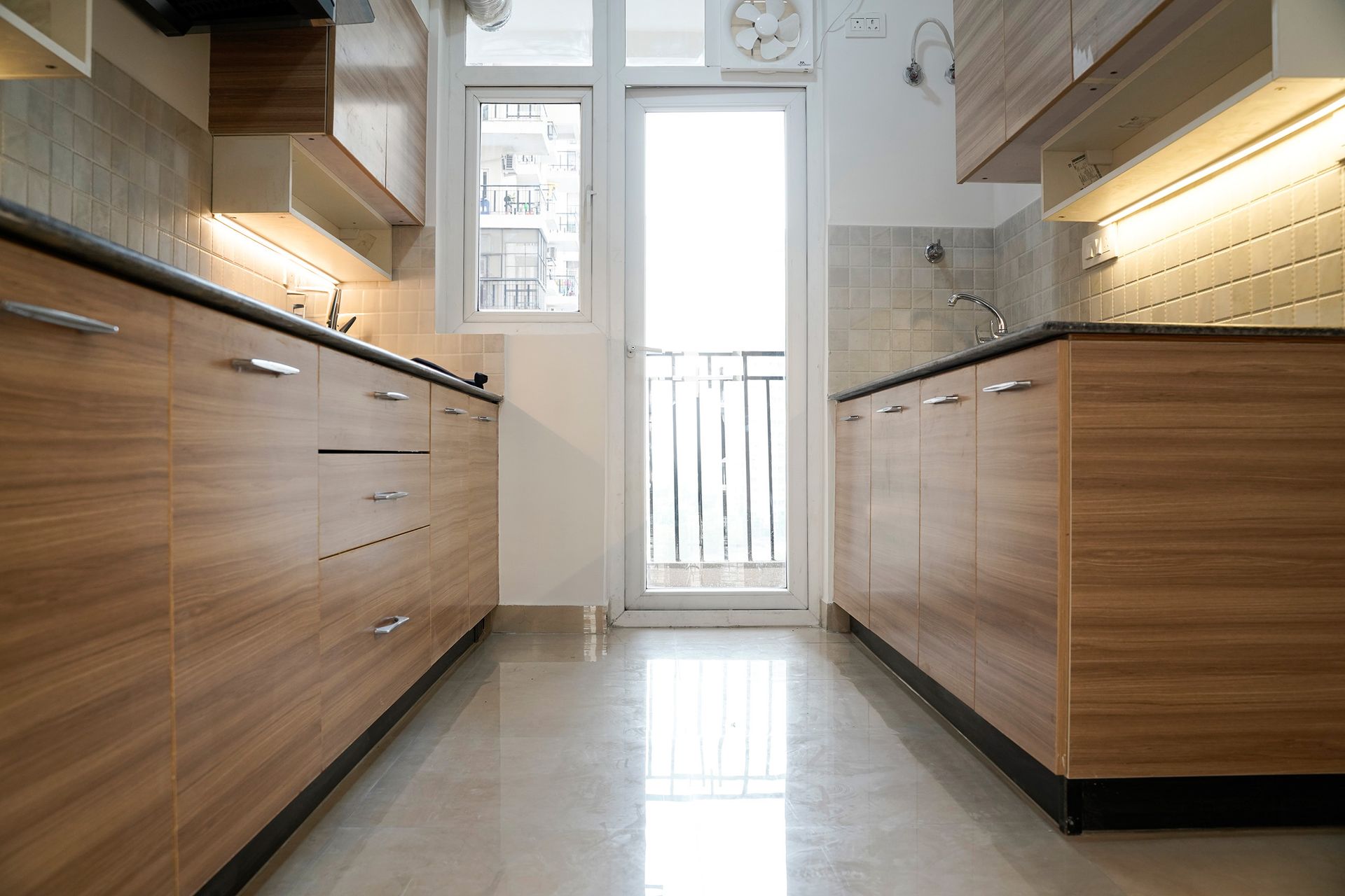 Parallel Wood and White Kitchen Design with Wood Cabinets and Granite ...