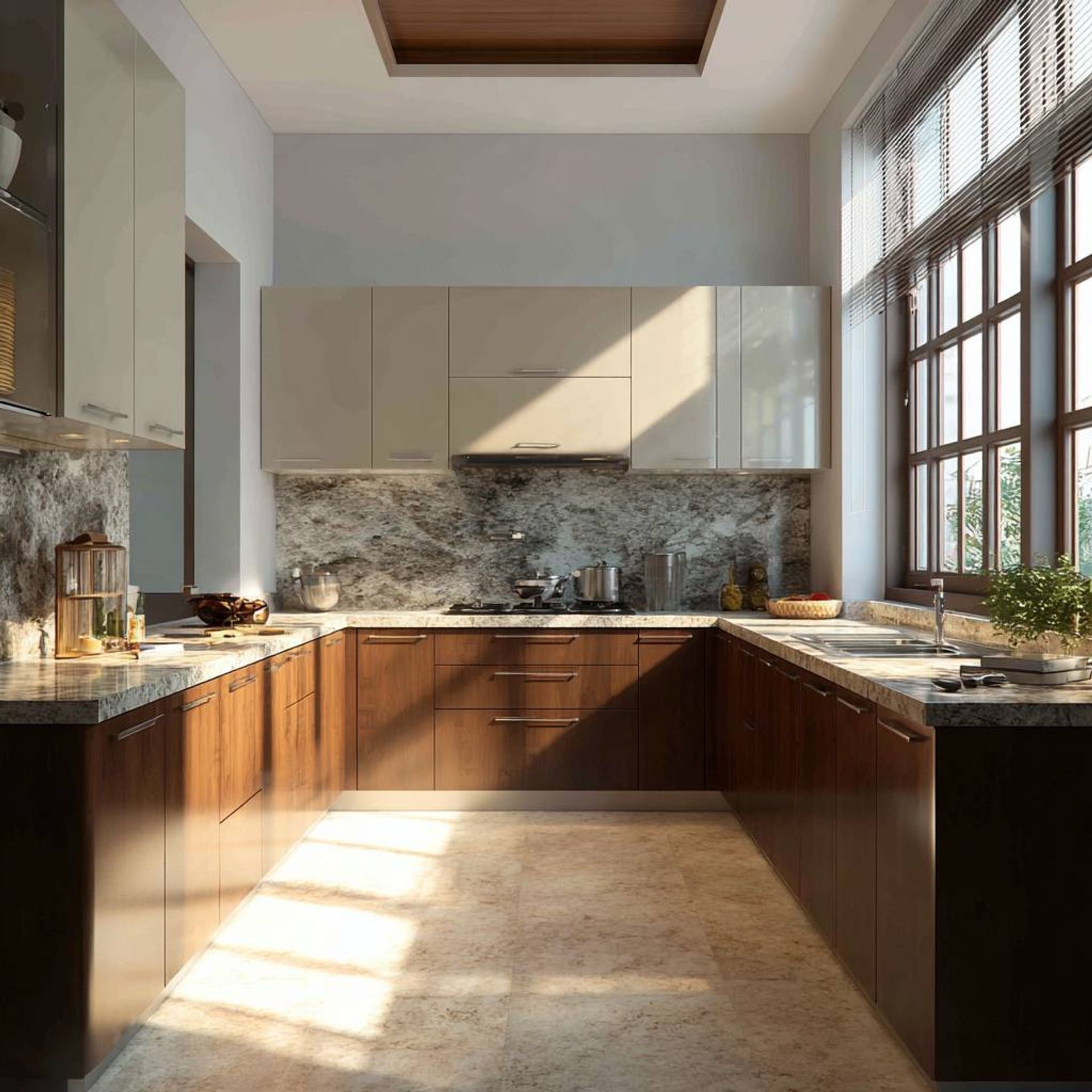 Contemporary U-Shaped Kitchen Design in Walnut Bronze and Irish Cream ...