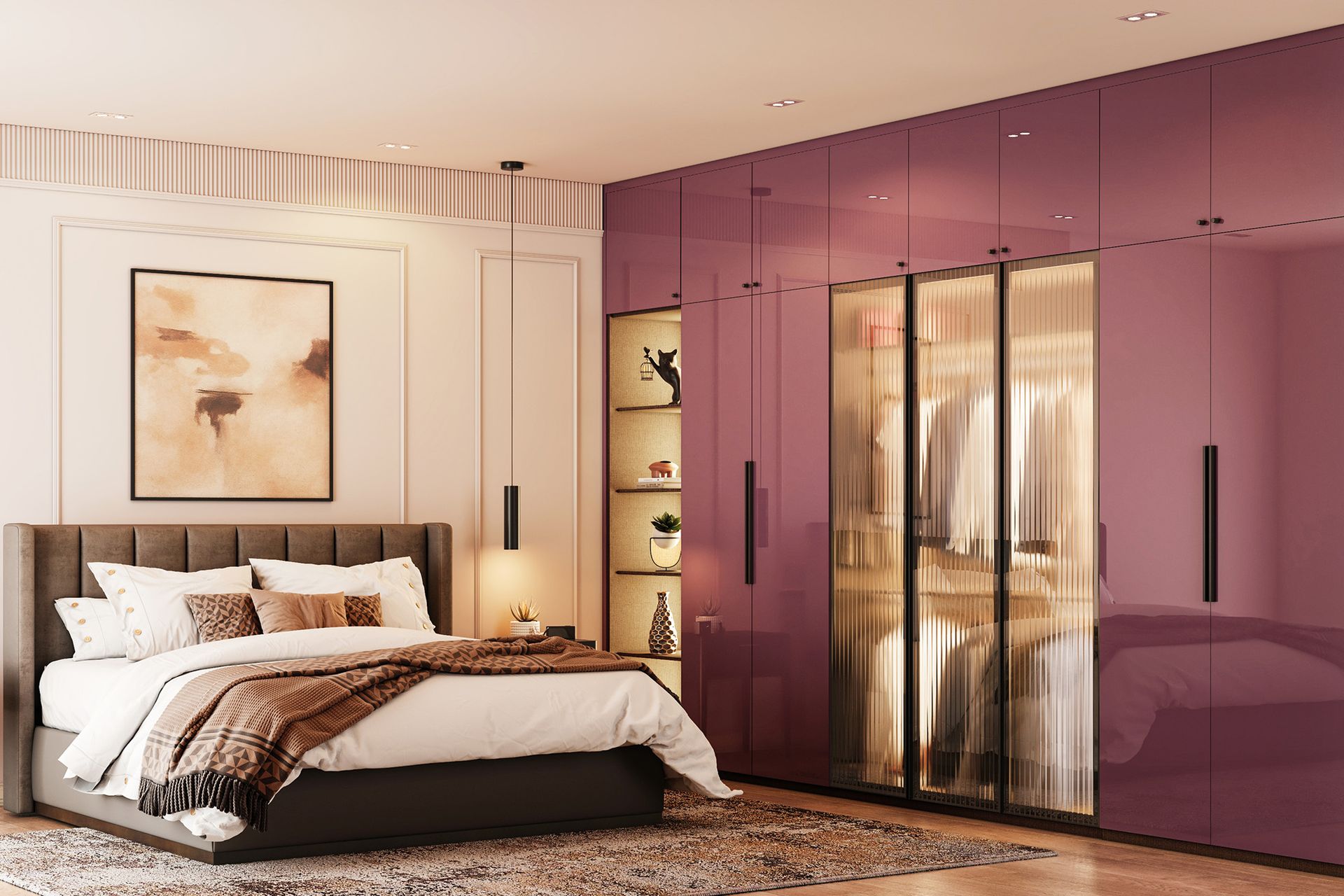 Master Bedroom Design with Modern Plum Wardrobes and Wingback Bed ...