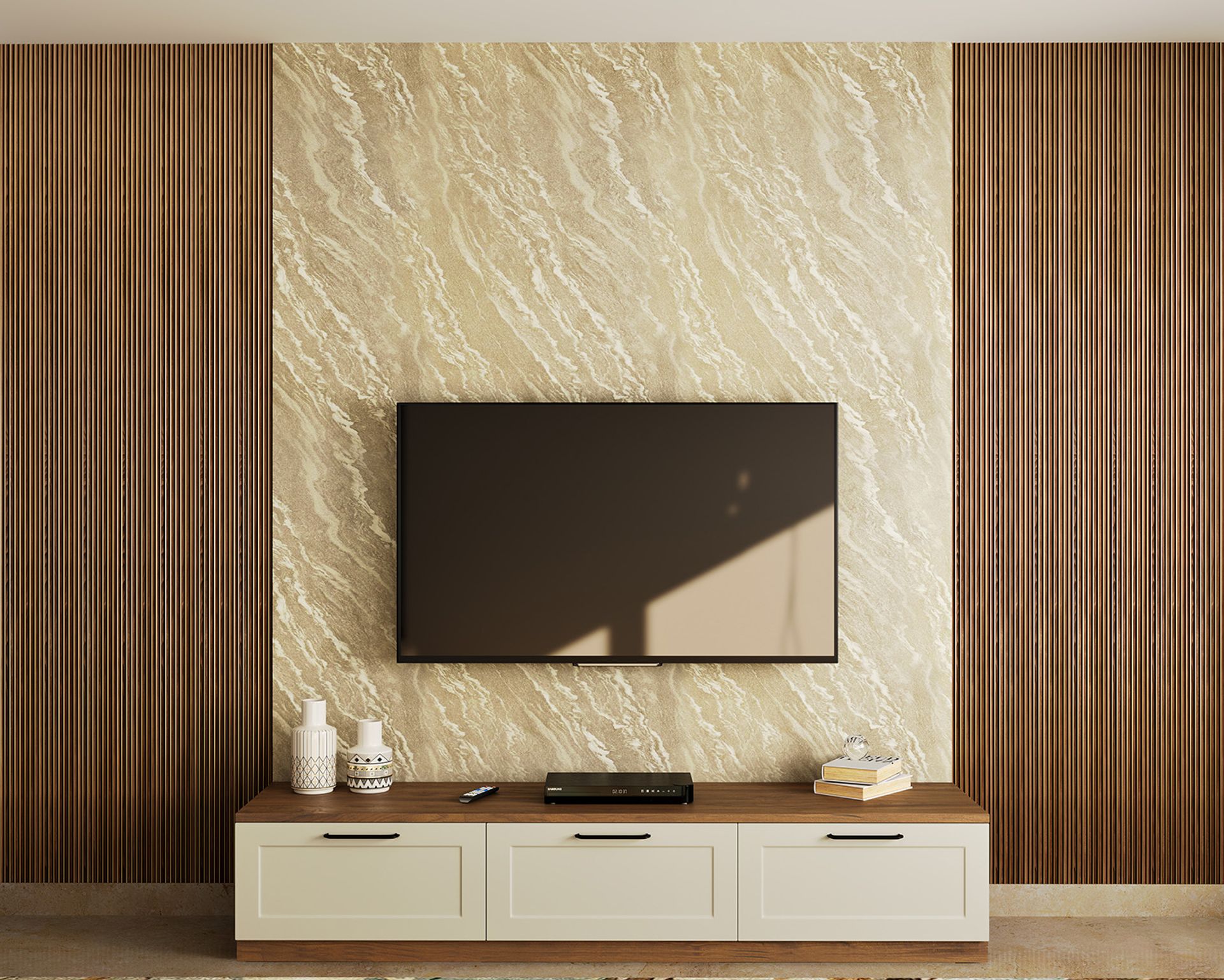 Beige Modern TV Unit Design with Vertical Cabinets and Marble-Like Wall ...