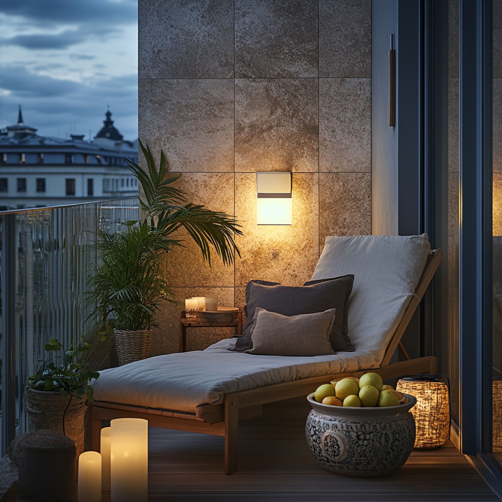 Balcony Design with Modern Organic Stone Wall, Floor Lanterns, Candles ...