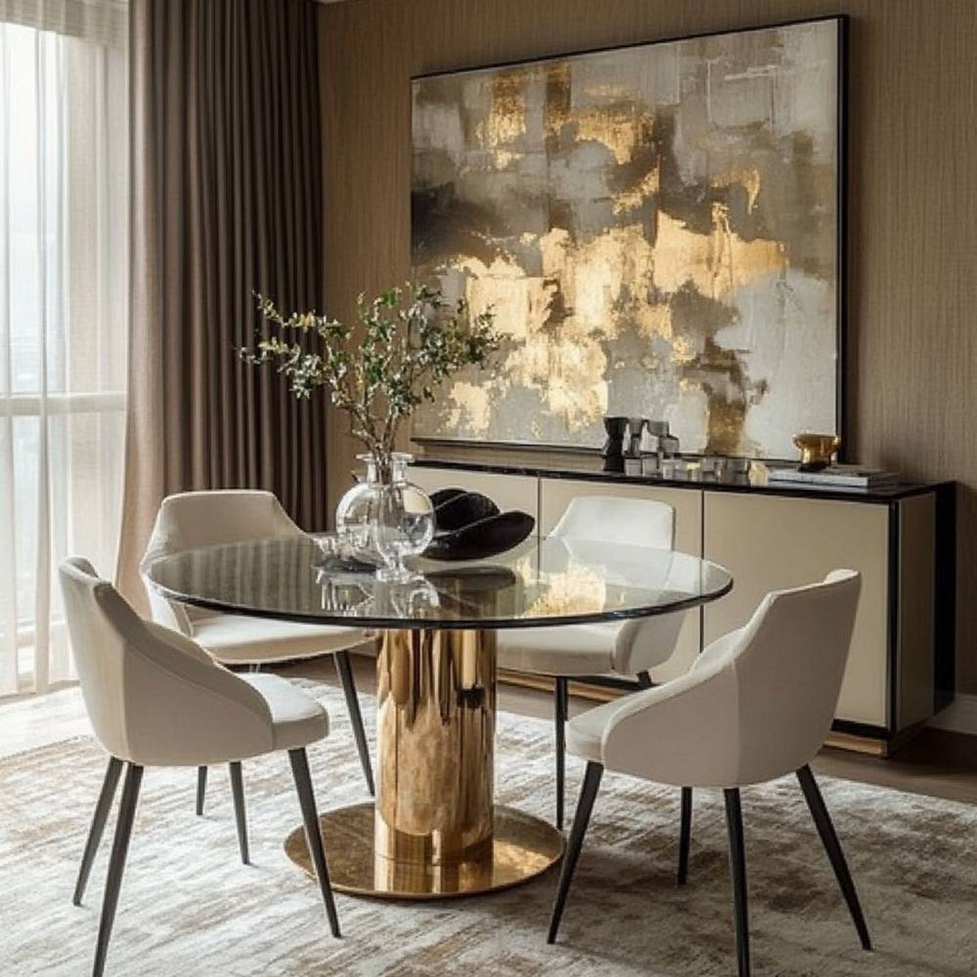 Small Dining Room Design with Modern Glass Table and Cream Upholstered ...