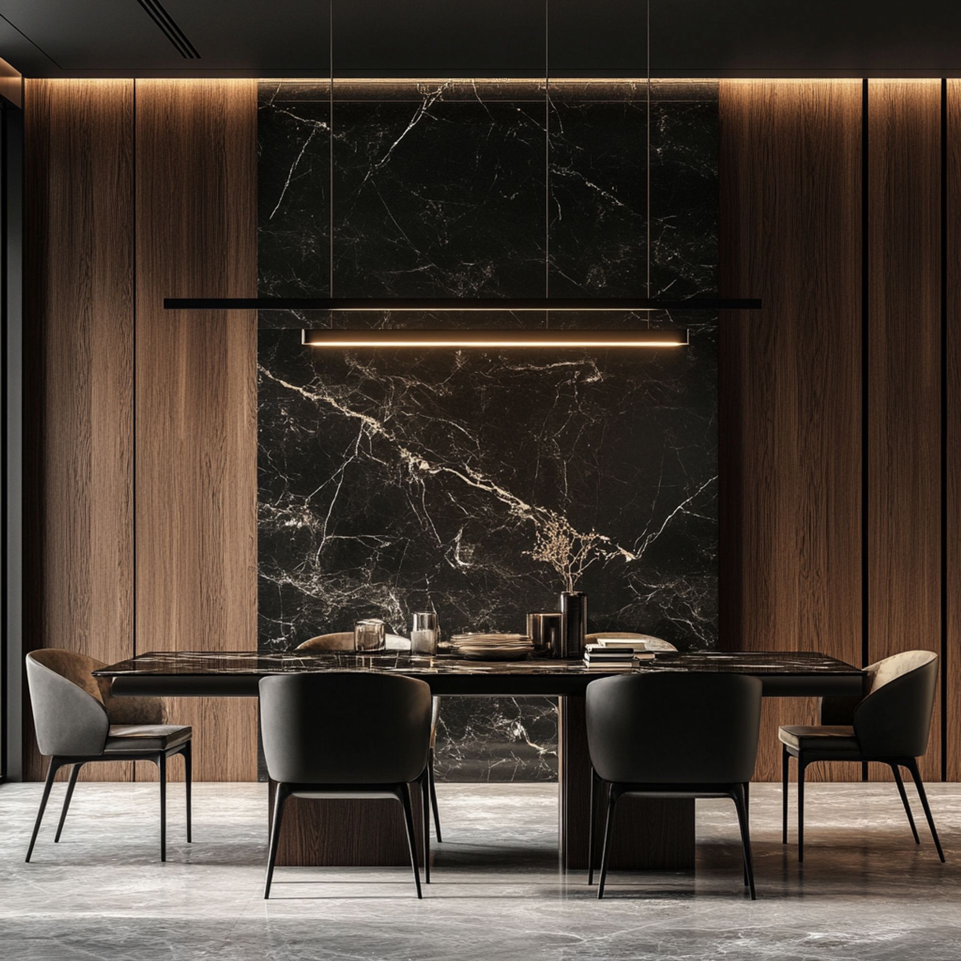 Large Dining Room Design with Modern Black Marble and Wooden Accents ...