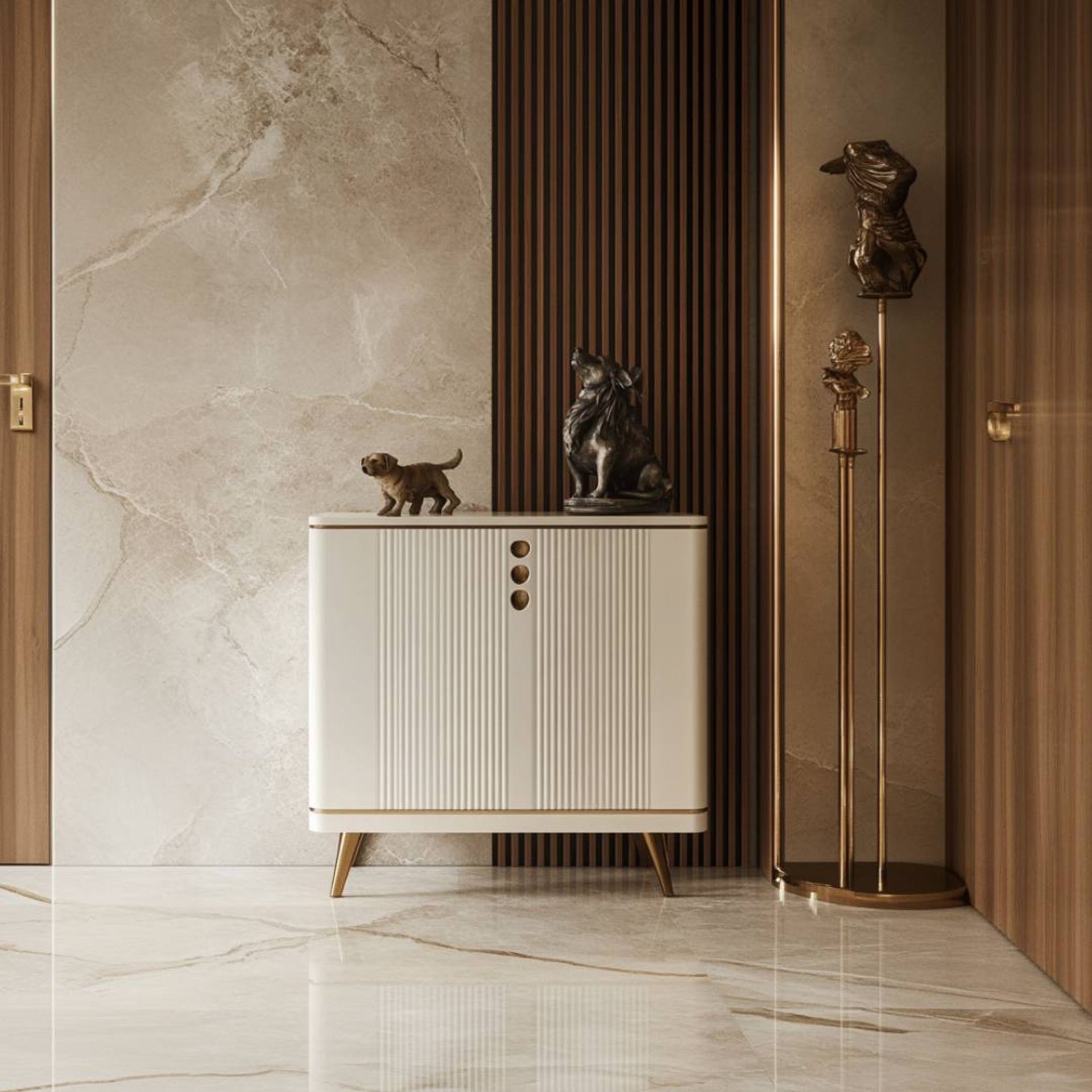 Foyer Design with Modern White Cabinet, Matte Finish, and Gold Accents ...