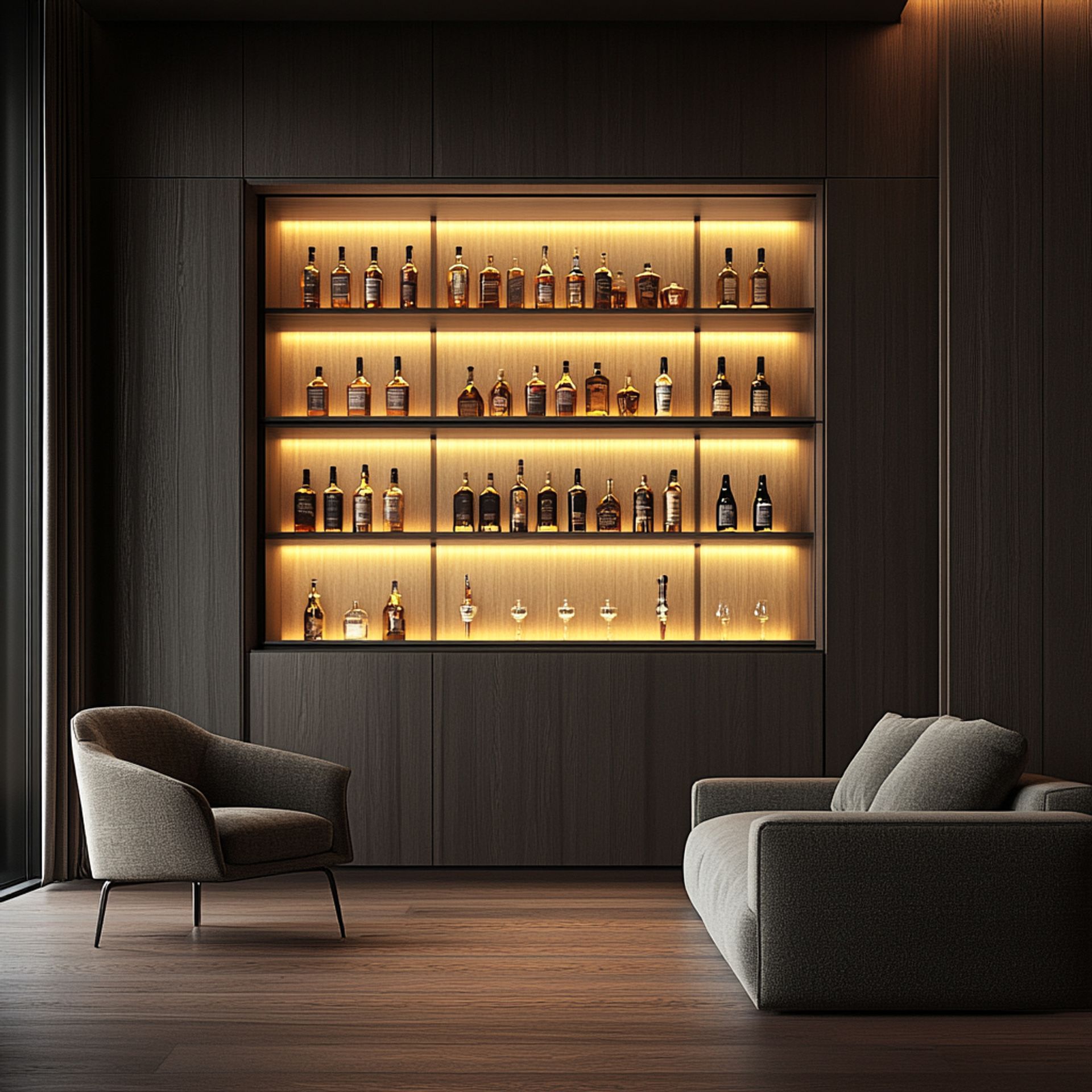 Home Bar Design with Modern Open Display, Closed Cabinets, and Smart ...