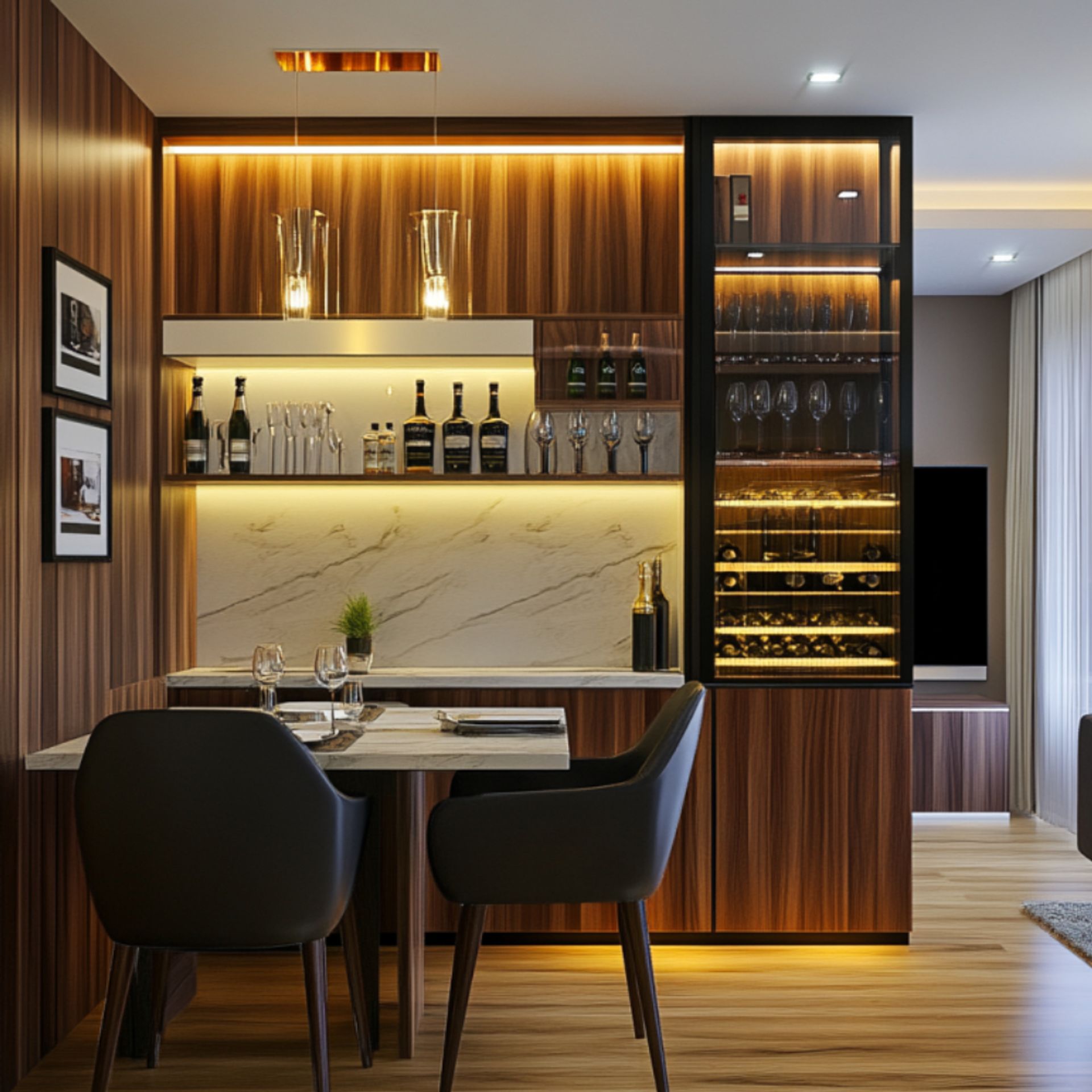 Modern Home Bar Design with Glass Cabinets, Ambient Lighting and Sleek ...