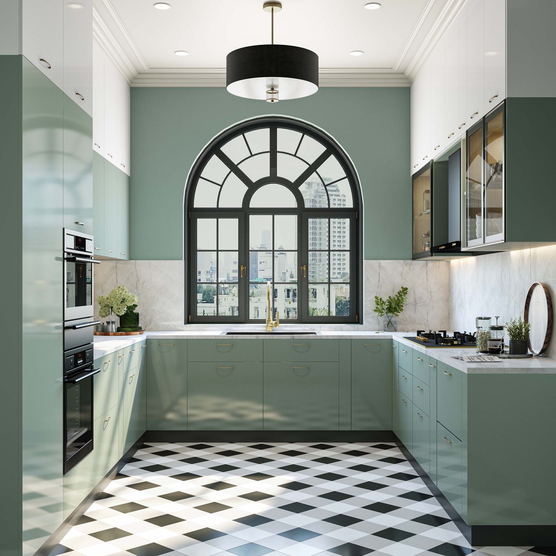 U-Shaped Art Deco Kitchen Design with White and Green High-Gloss Units ...