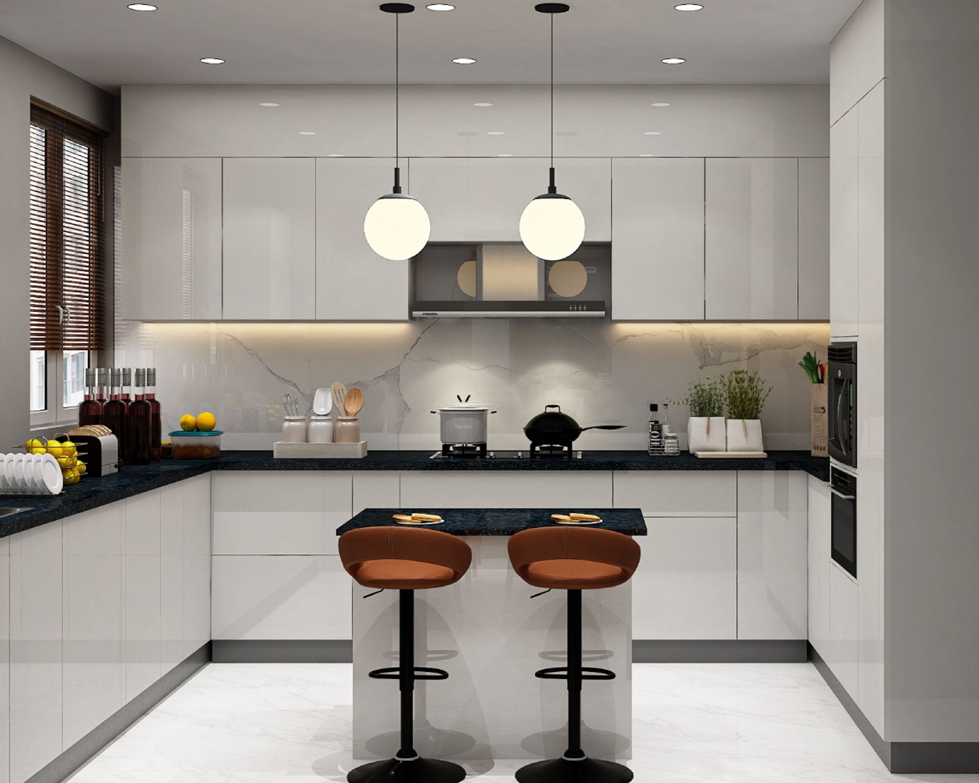 Island Kitchen Design with Modern High-Gloss Cabinets, Granite ...