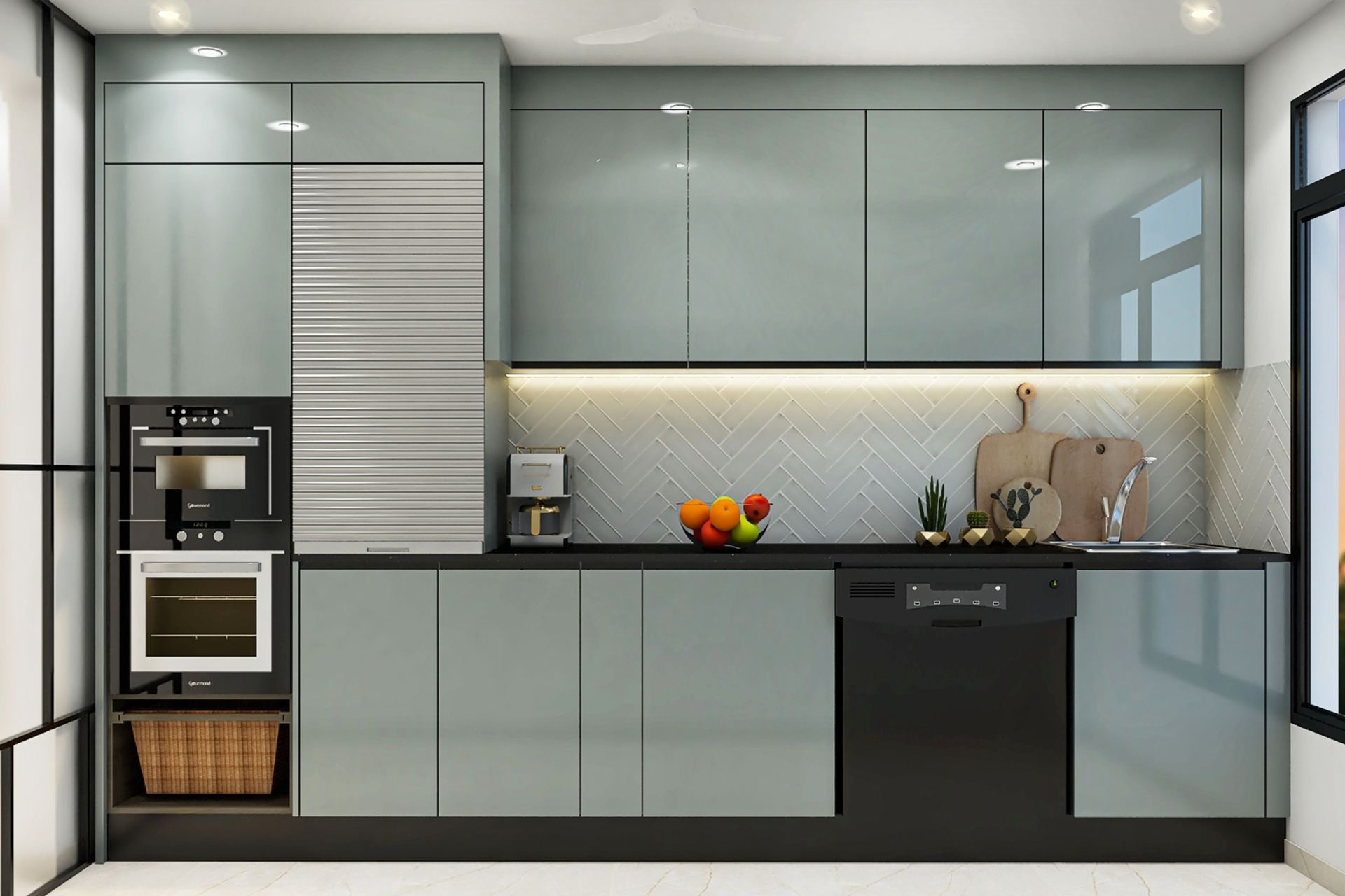 Parallel Kitchen Design with High-Gloss Cabinets, Modern Granite ...