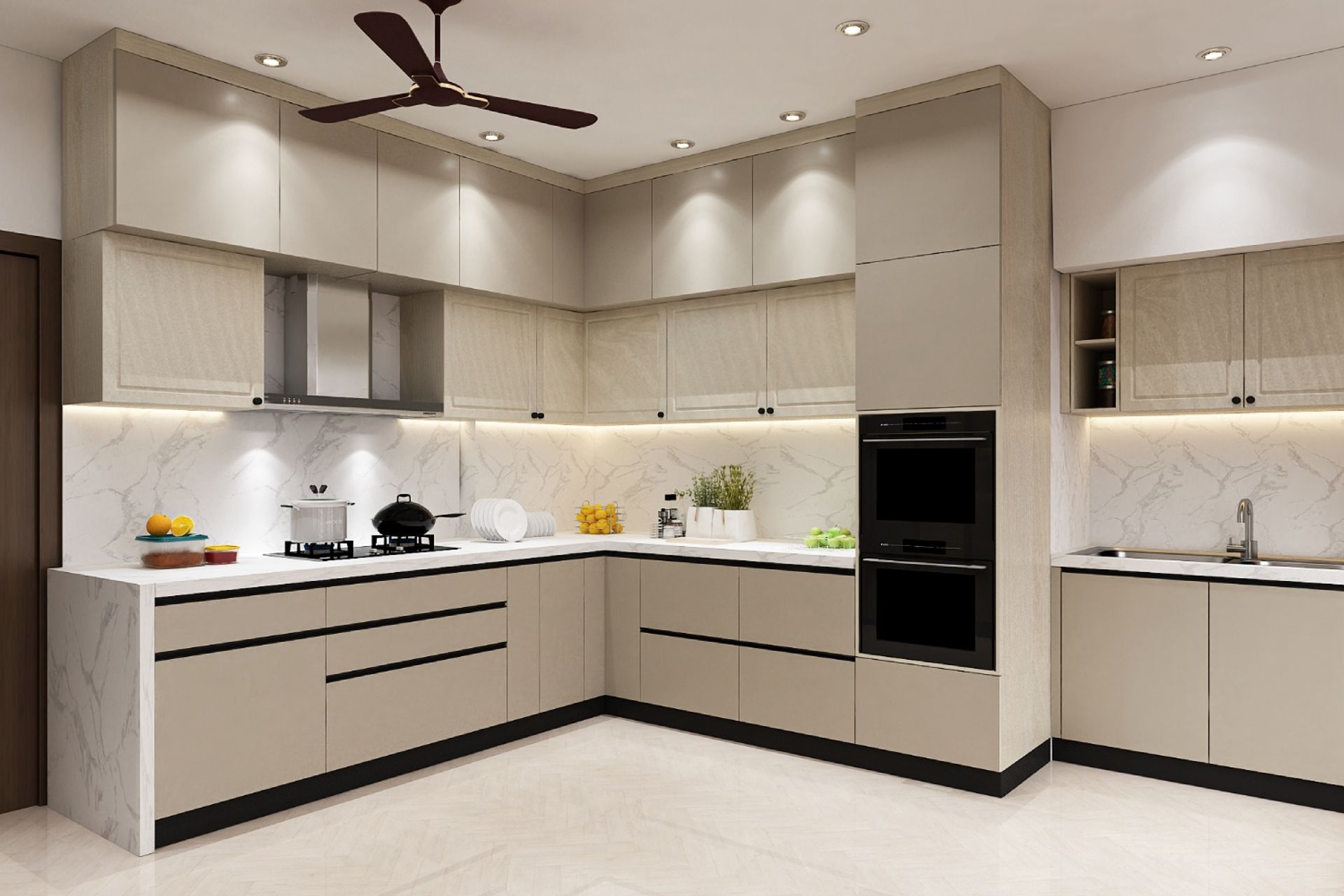 L-Shaped Modern Kitchen Design with LED Lighting, Suede Finish and ...