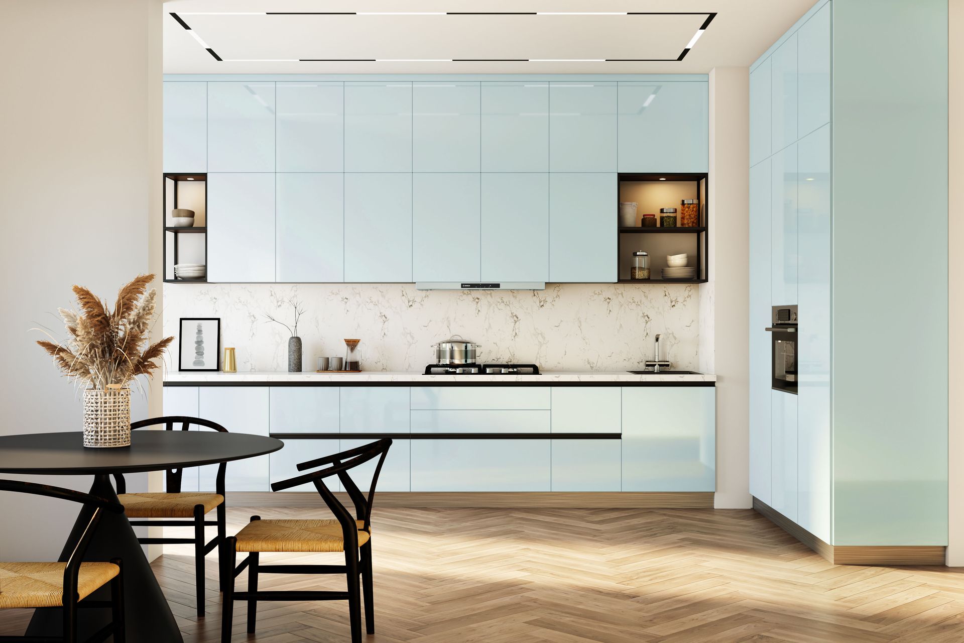 White Blue Minimal Straight Kitchen Design with Matte Cabinets and ...