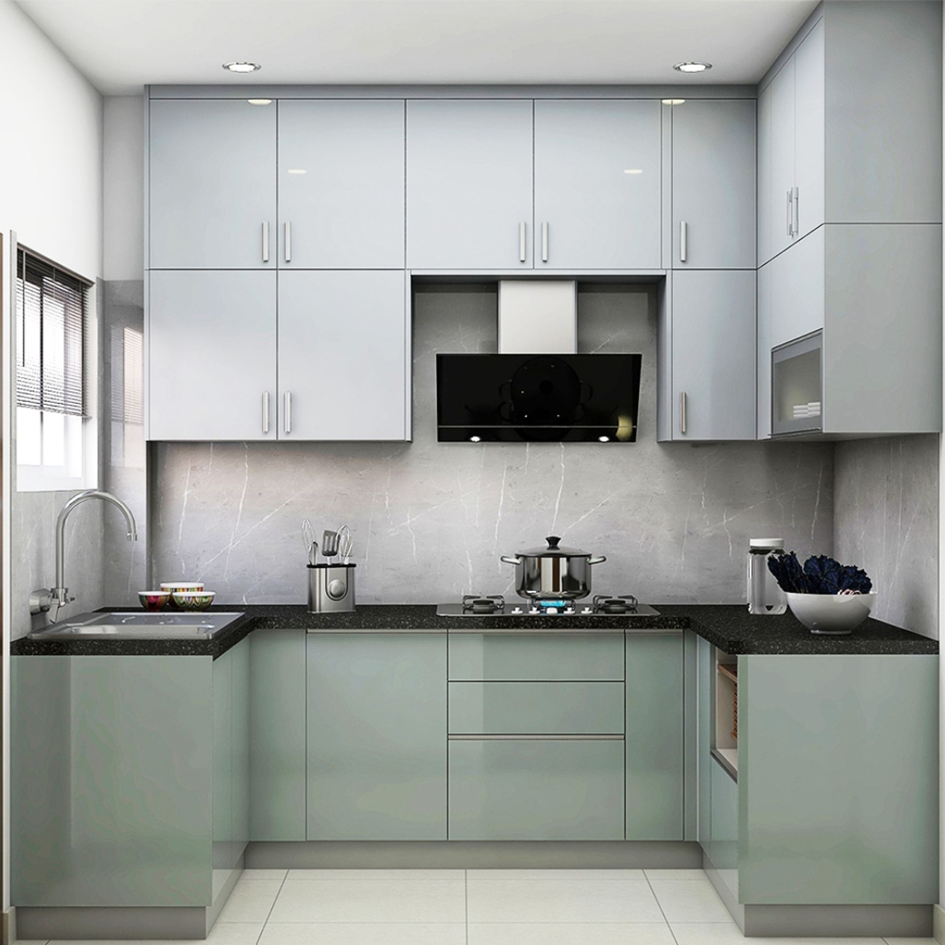 U-Shaped Modern Kitchen Design with High-Gloss Blue and Grey Cabinets ...