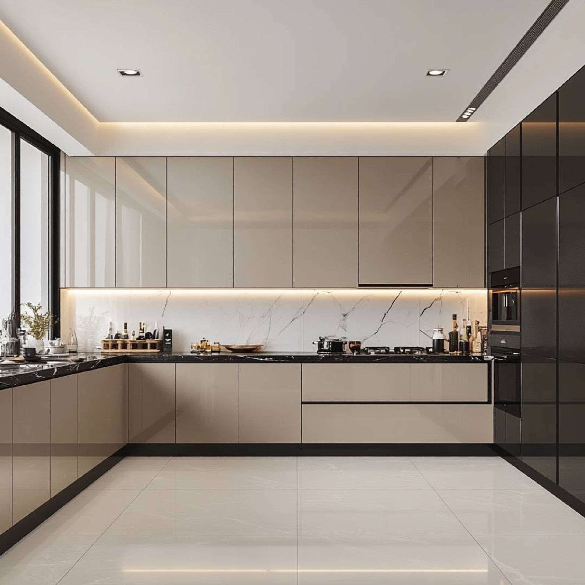 Beige U-Shaped Modern Kitchen Design with Premium Acrylic Finish and ...