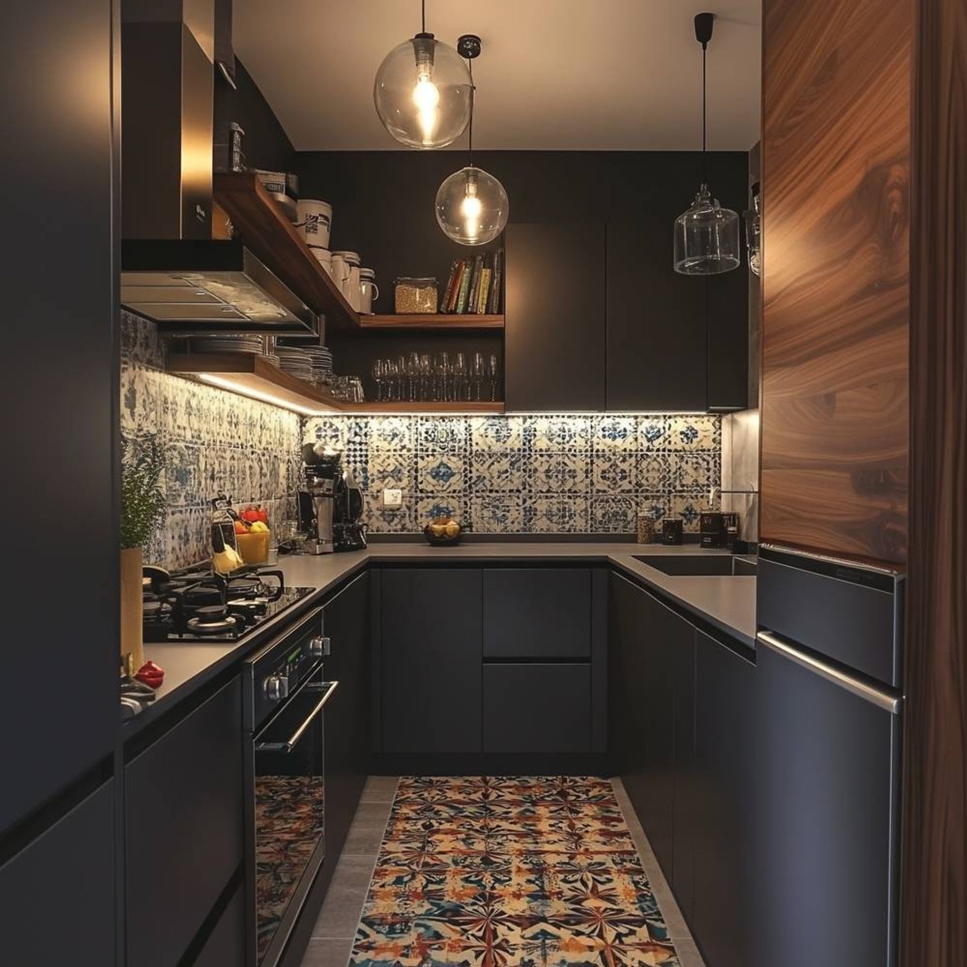 U-Shaped Rustic Kitchen Design with Slate, Walnut Units and Quartz ...