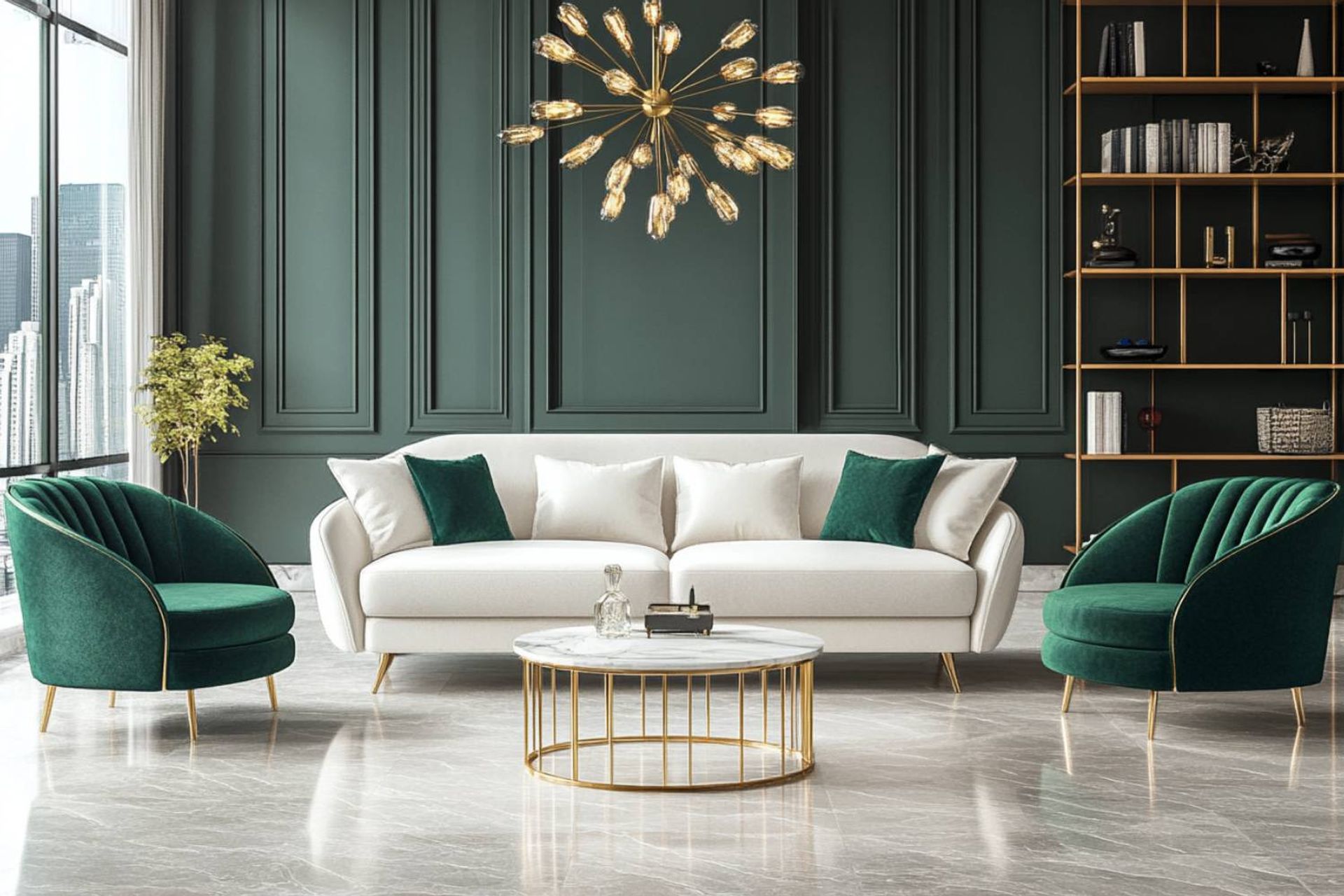 Living Room Design with Contemporary Gold Accents, Marble Table, and ...