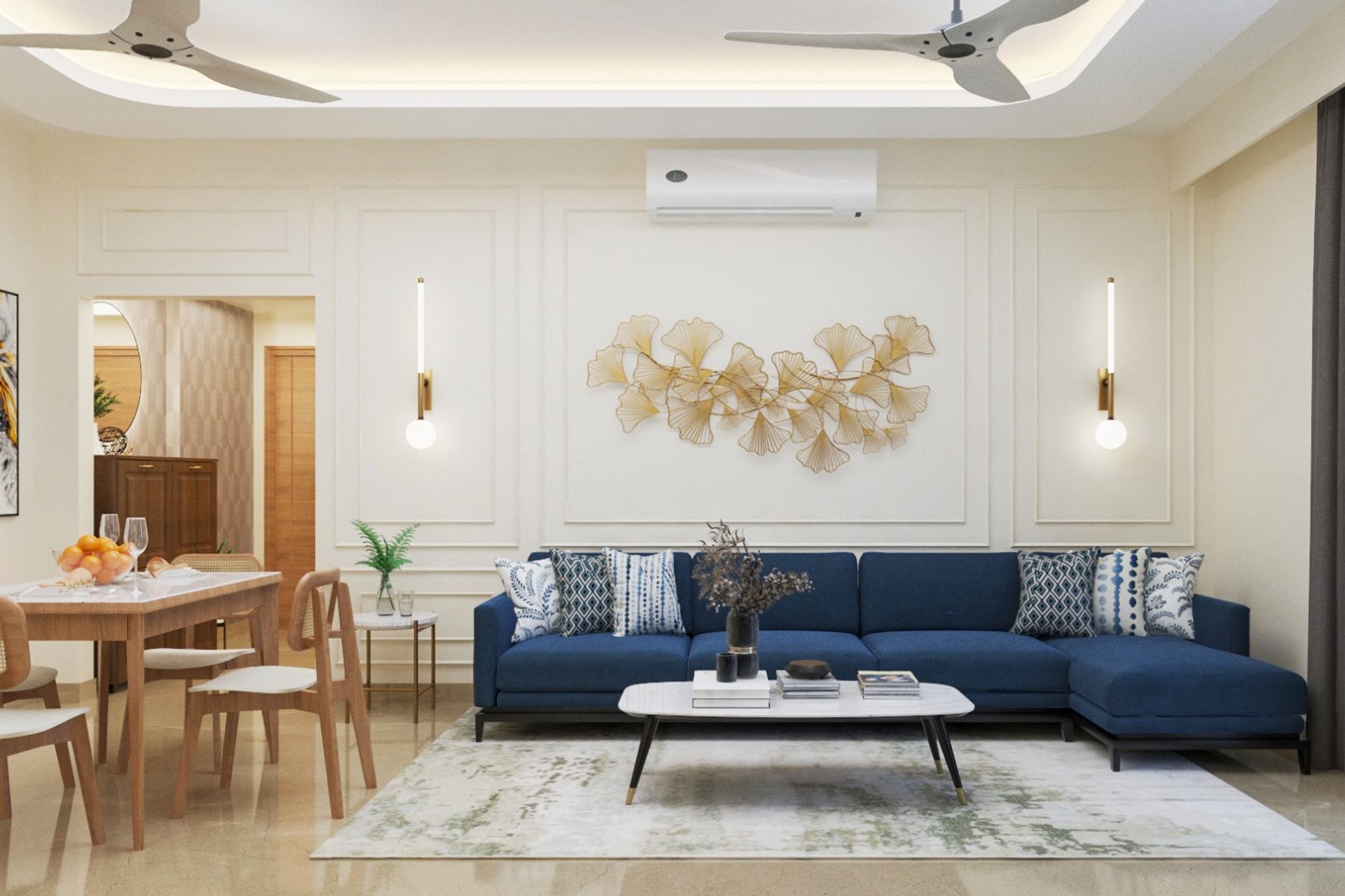 Living Room Design with Contemporary Blue Upholstered Sofa and Marble ...