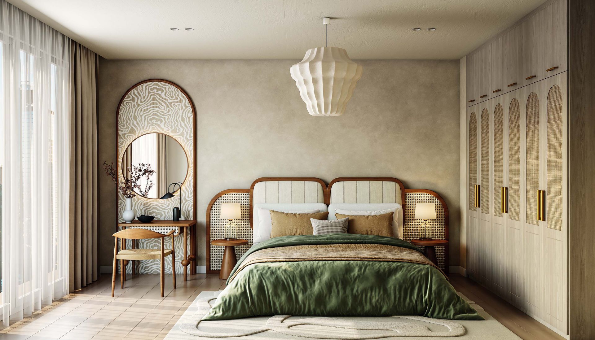 Cane Insert Master Bedroom Design with Bohemian Rattan Cane Inserts, Built-In ...