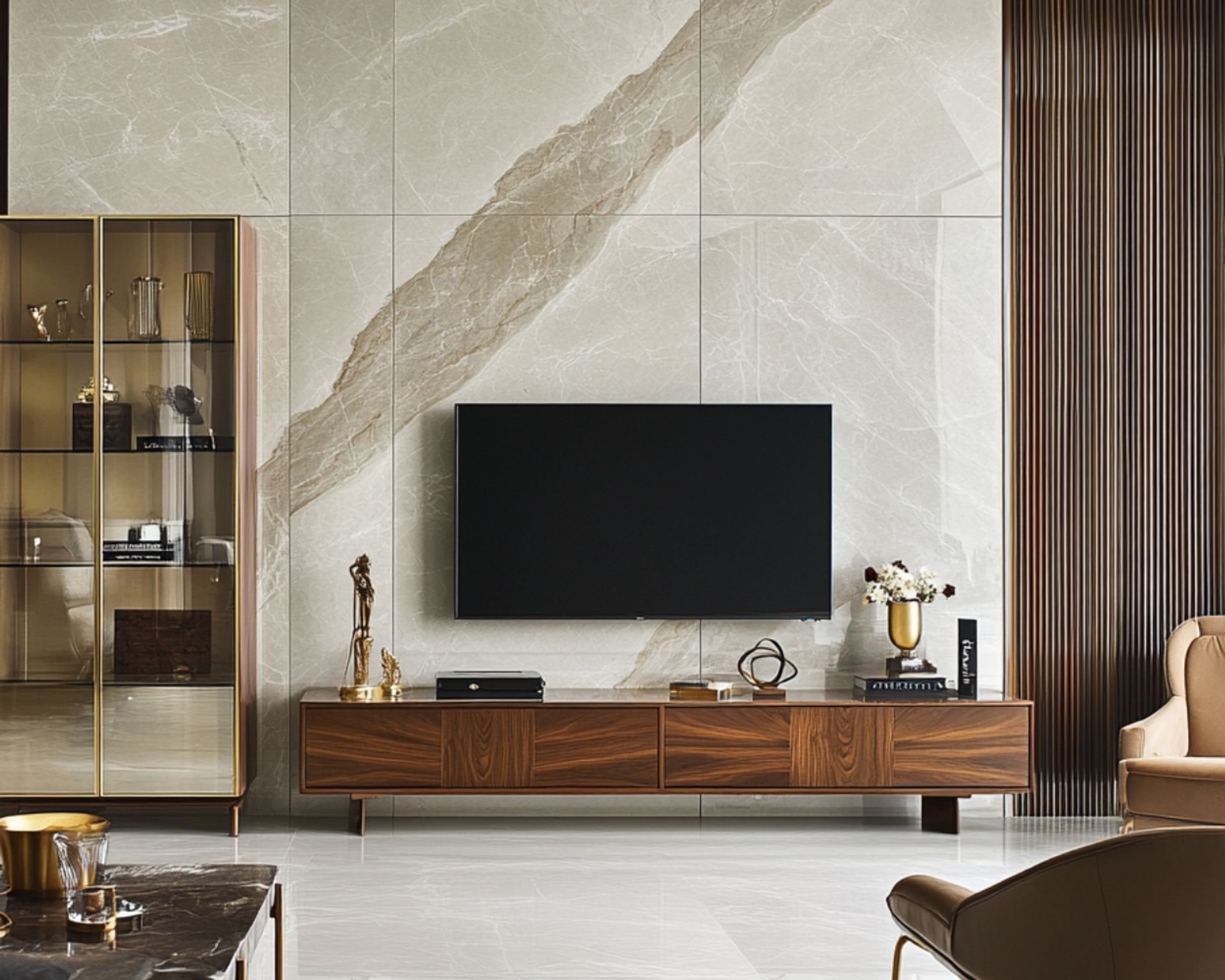 Modern Walnut Bronze TV Unit Design with Floating Design and Suede ...