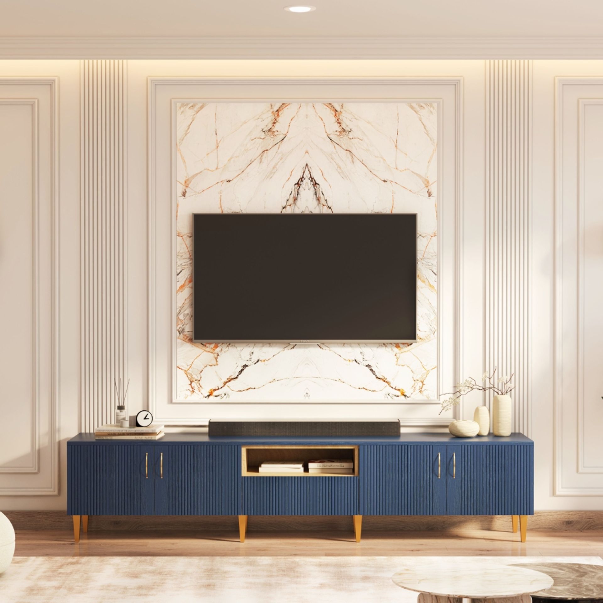 Modern TV Unit Design with Open Shelving, Drawers, Gold Veined Marble ...