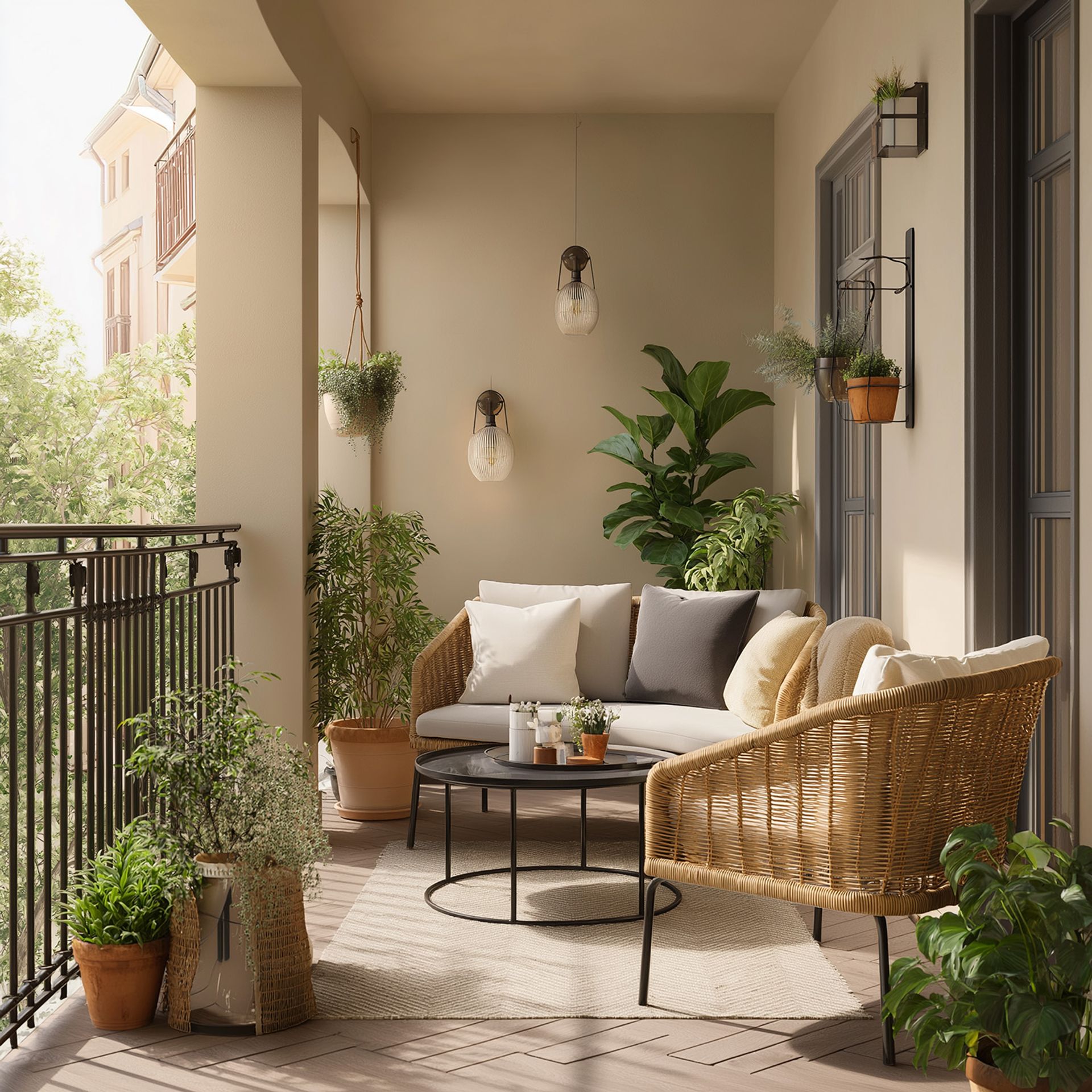 Modern Balcony Design with Rattan Seating and Metal Plant Rackets ...