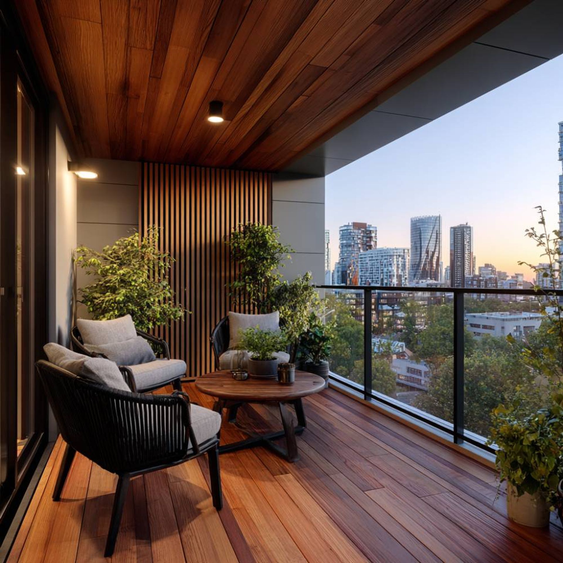Contemporary Balcony Design with Lounge Chairs and Wall Louvers | Livspace