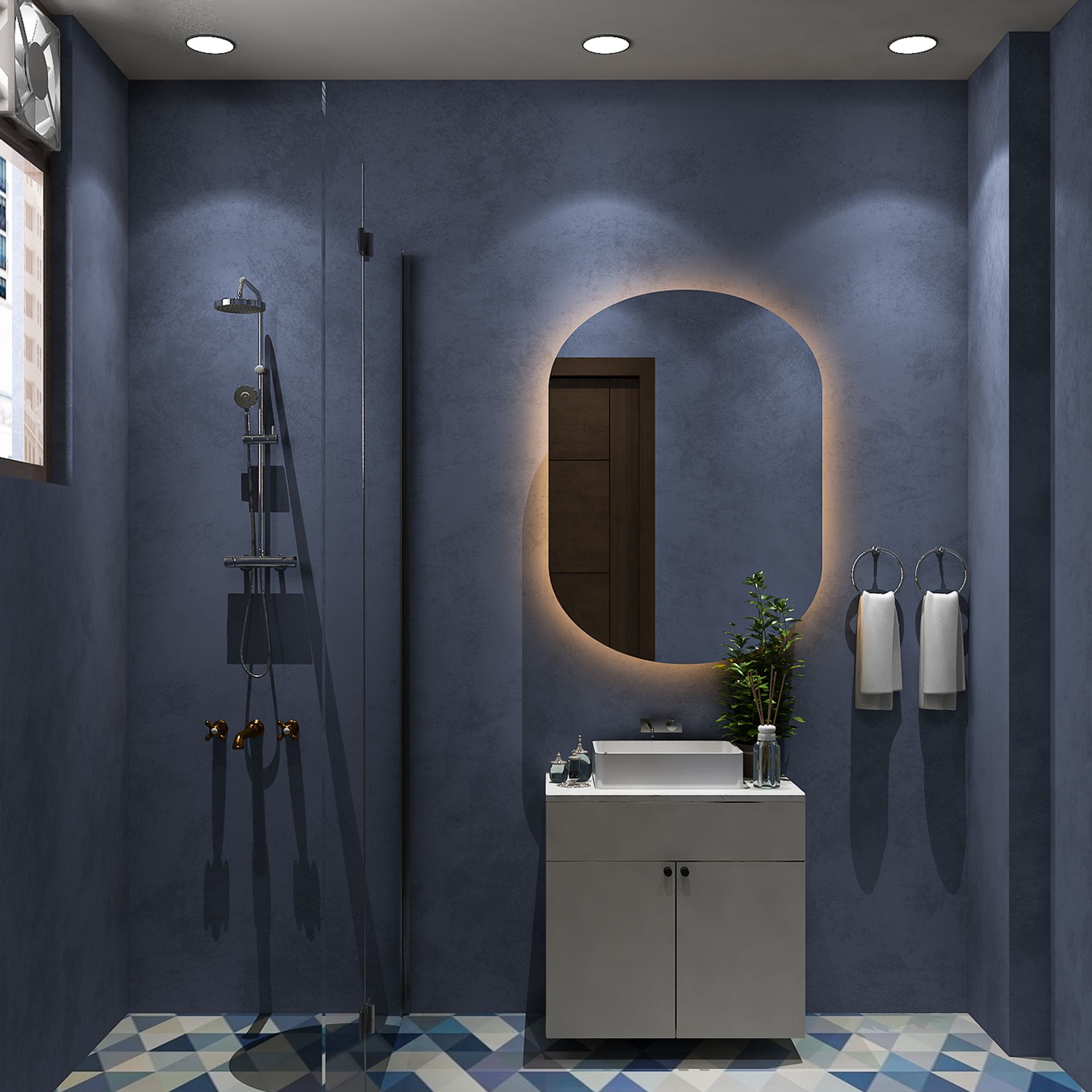 Contemporary Bathroom Design with Oval Mirror and Textured Blue Walls ...