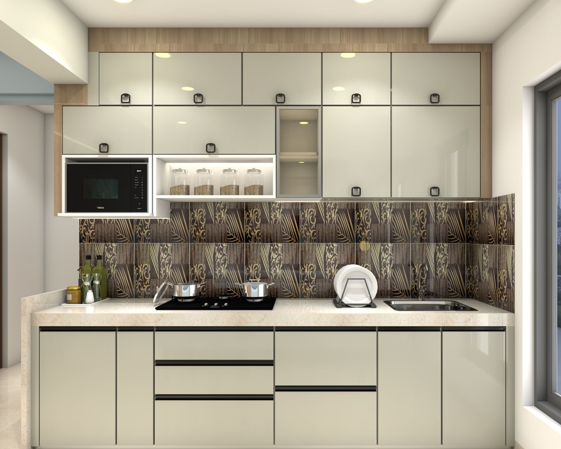 Modern Open Kitchen Design with Grey High Gloss Cabinets and Quartz ...