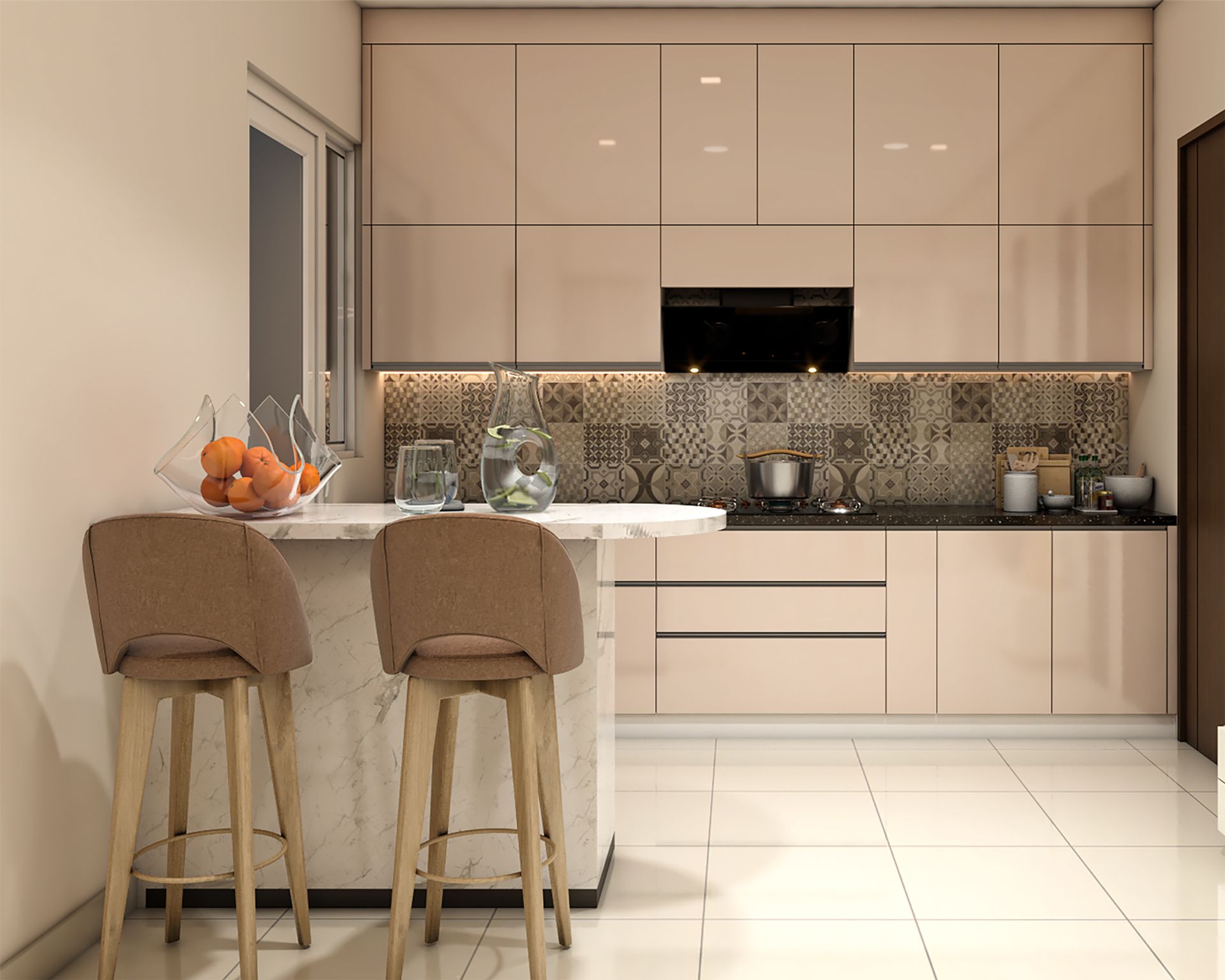Modern Island Kitchen Design with Grey High Gloss Finish Cabinets and ...