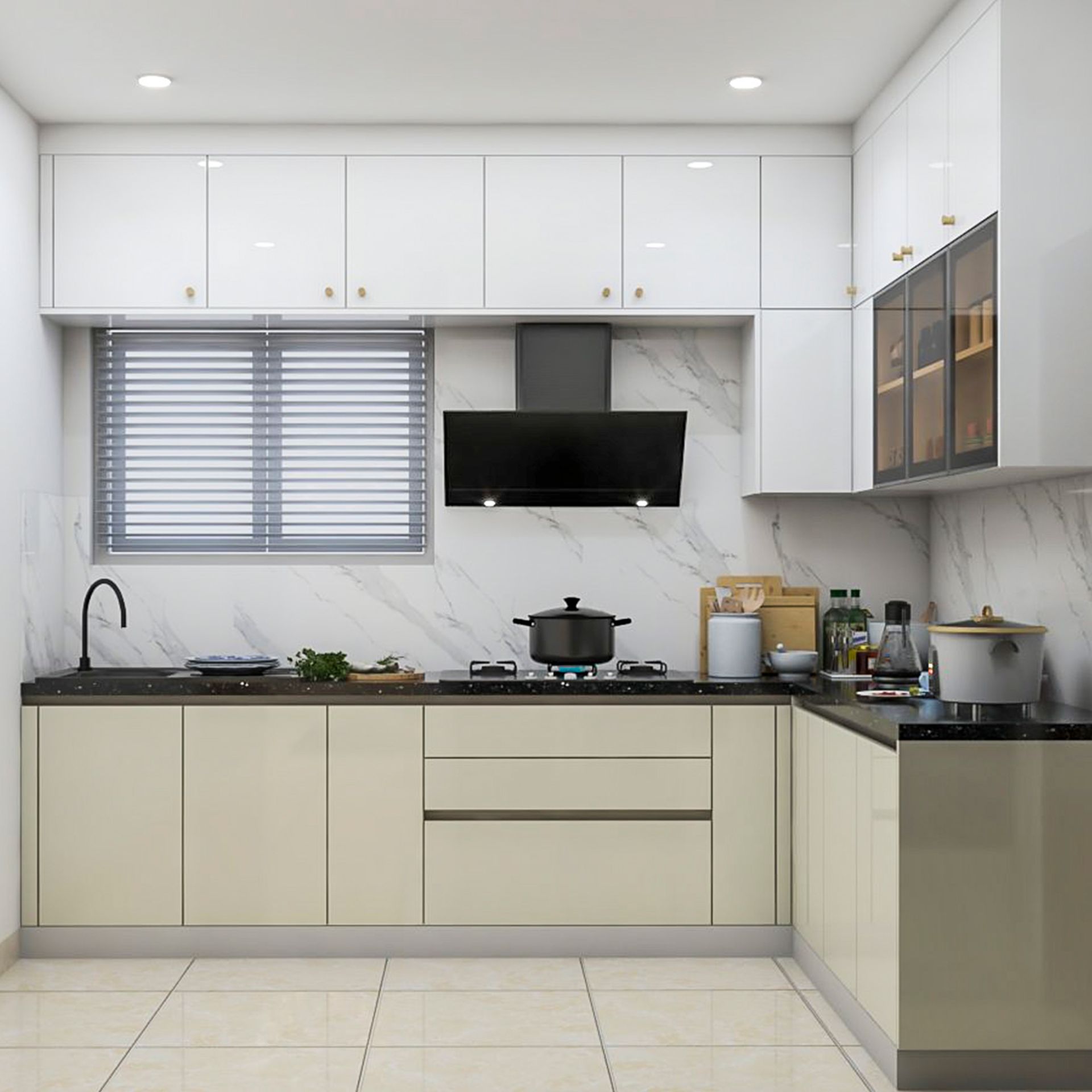 Contemporary White and Cream L-Shaped Kitchen Design with Glossy ...