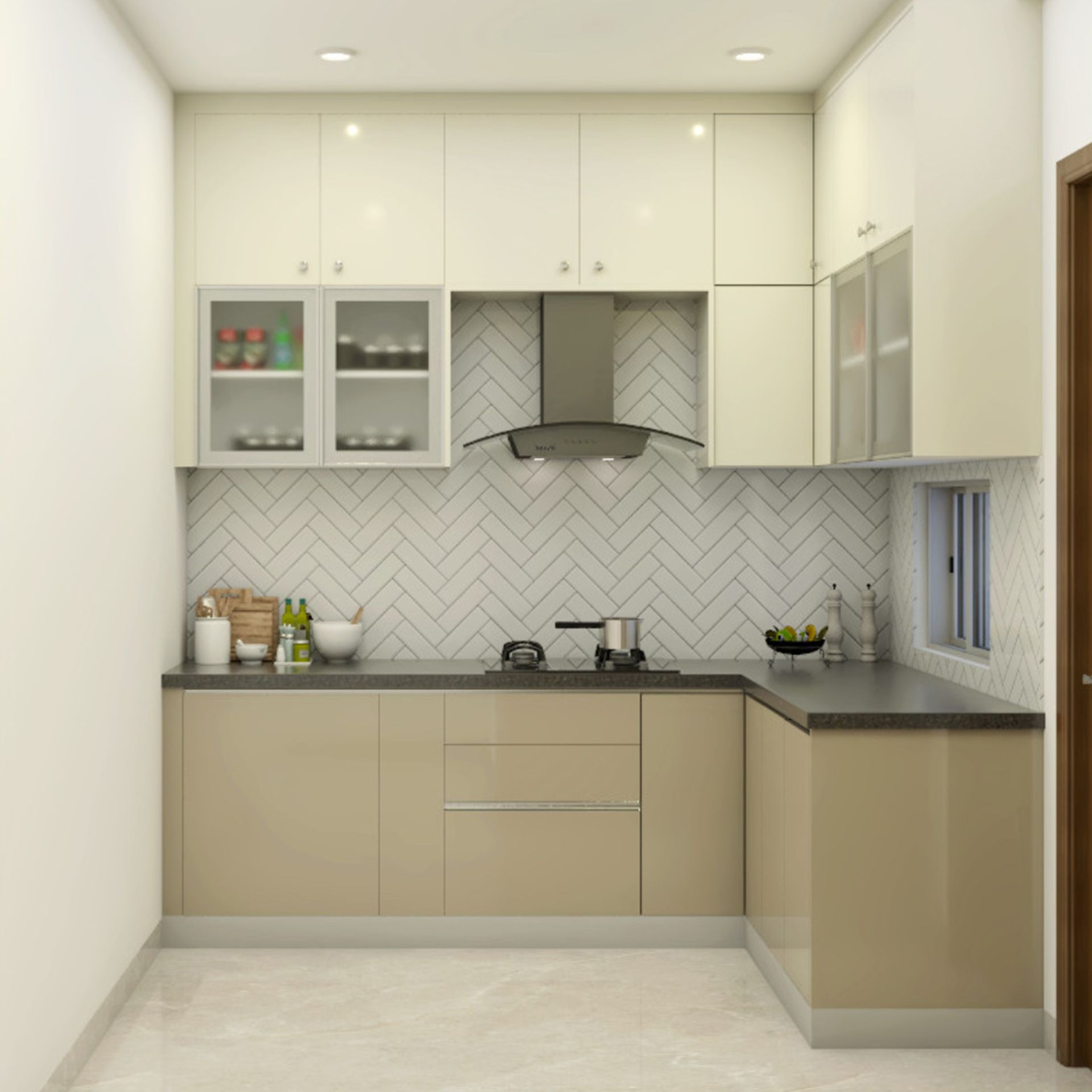 L-Shaped Contemporary Kitchen Design with Herringbone Backsplash | Livspace