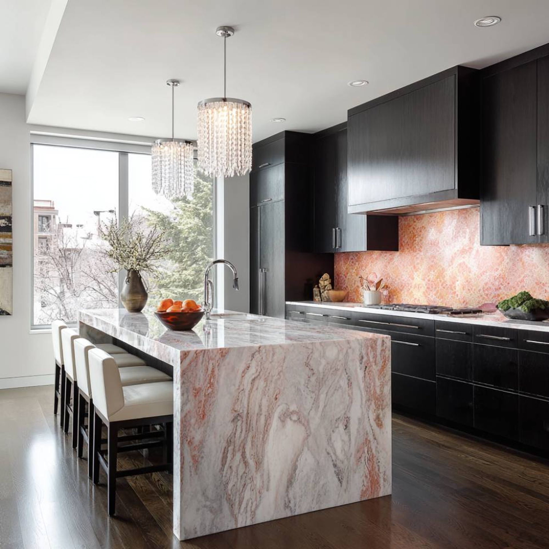 Contemporary Oak Island Kitchen Design with Quartz Countertop and Suede ...