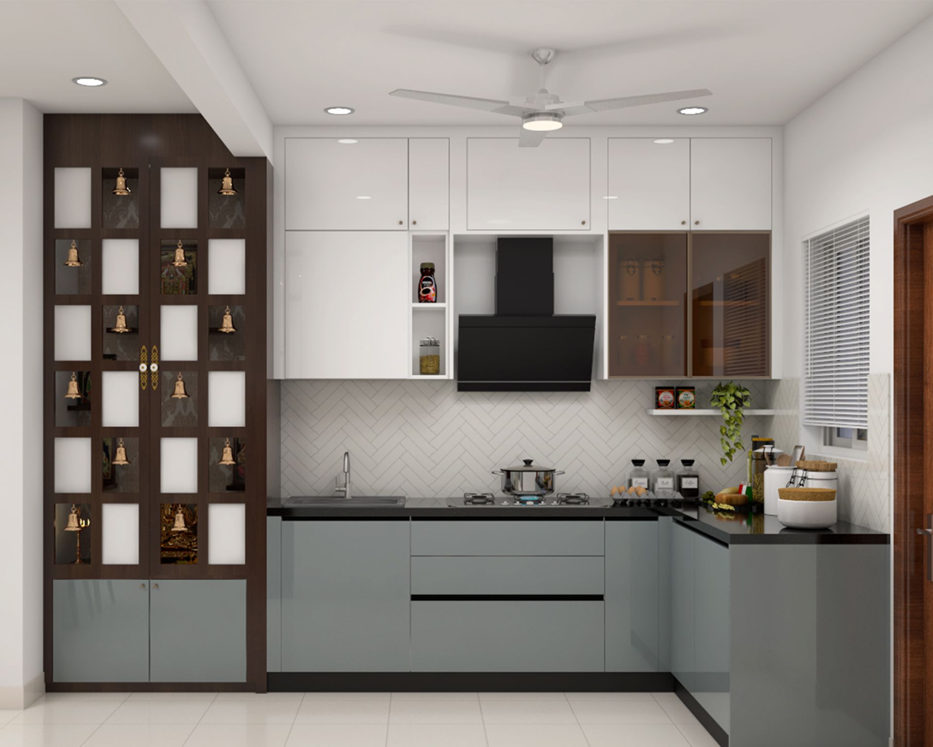 Silver and White L-Shaped Modern Kitchen Design with Beverage Station ...