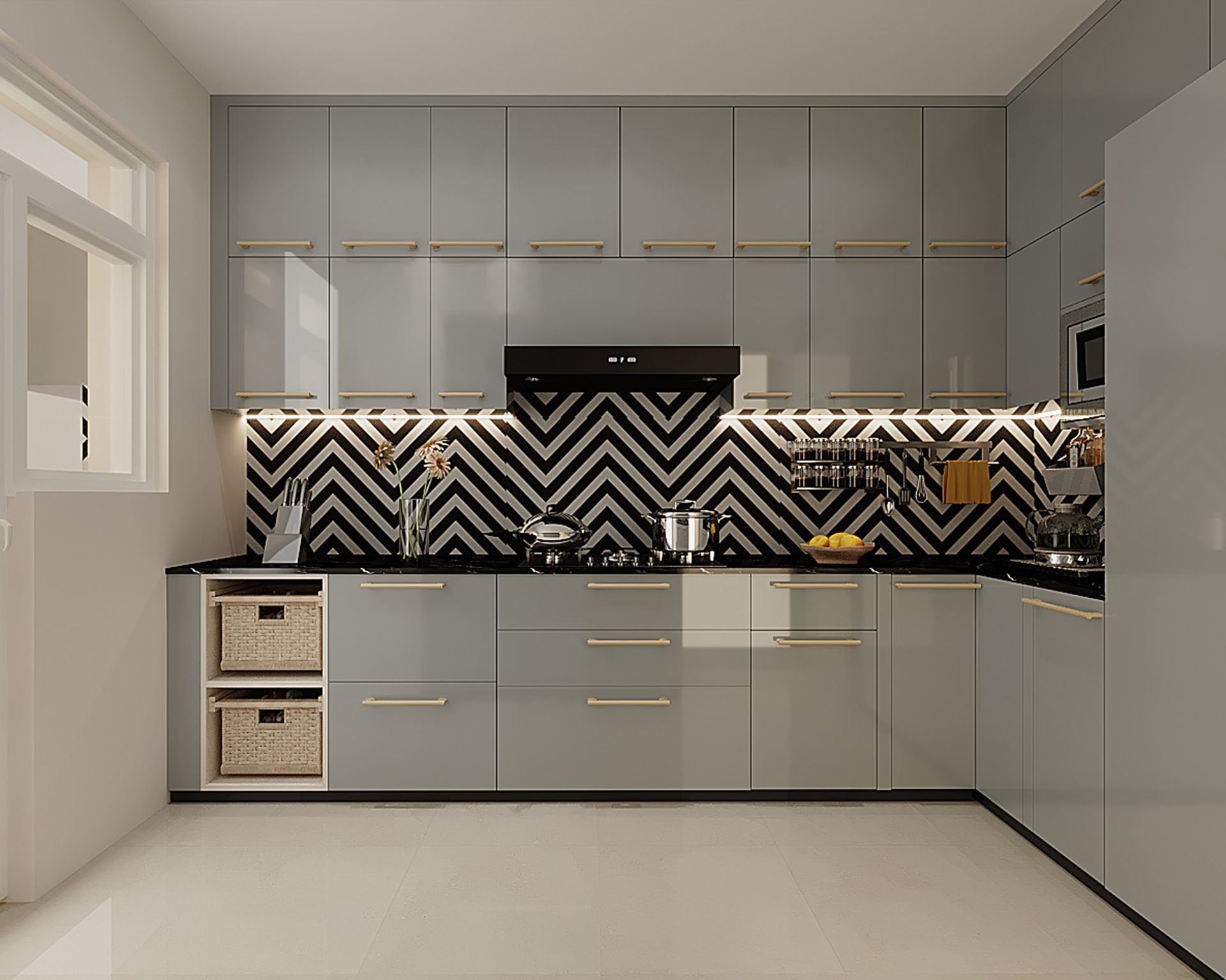 Modern Grey L-Shaped Kitchen Design with Chevron Tile Backsplash and ...
