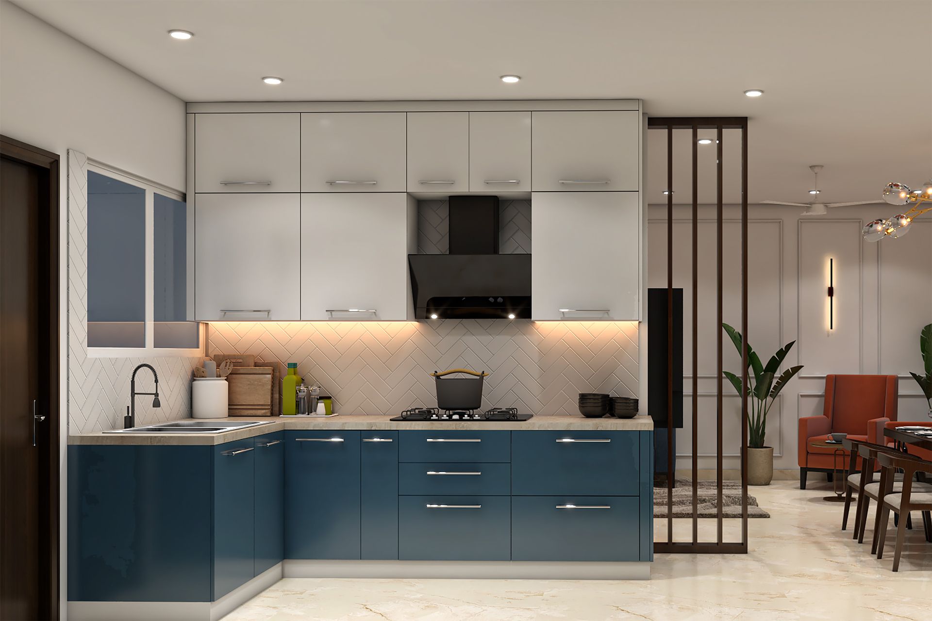 L-Shaped Contemporary Kitchen Design with Quartz Countertop and Blue ...