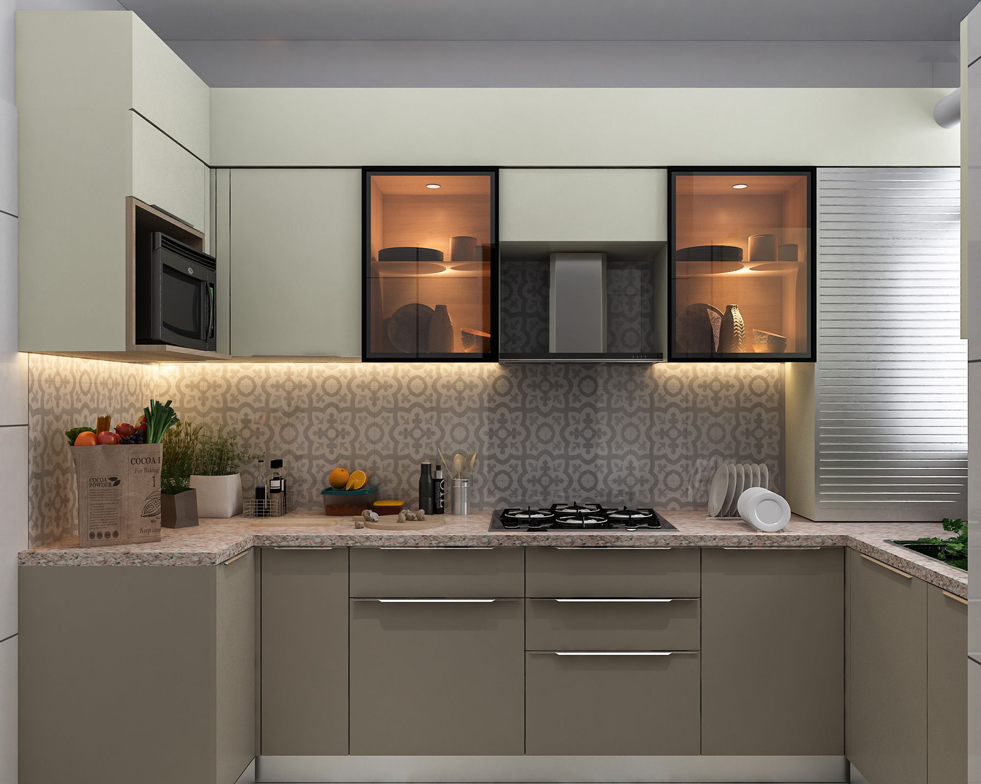 U-Shaped Modern Kitchen Design with Grey and Champagne Cabinets and ...