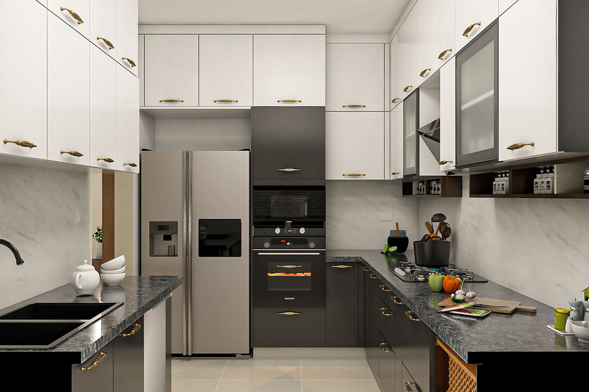 Modern Two-Tone L-Shaped Kitchen Design with Granite Countertops | Livspace