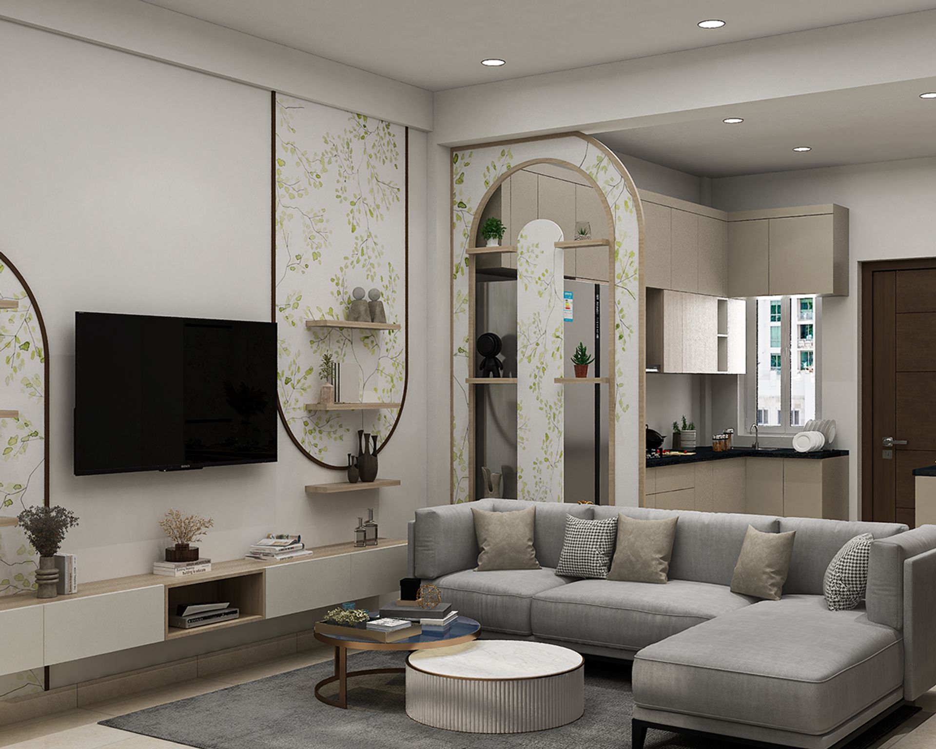 Living Room Design with Modern Grey L-Shaped Sectional Sofa and ...
