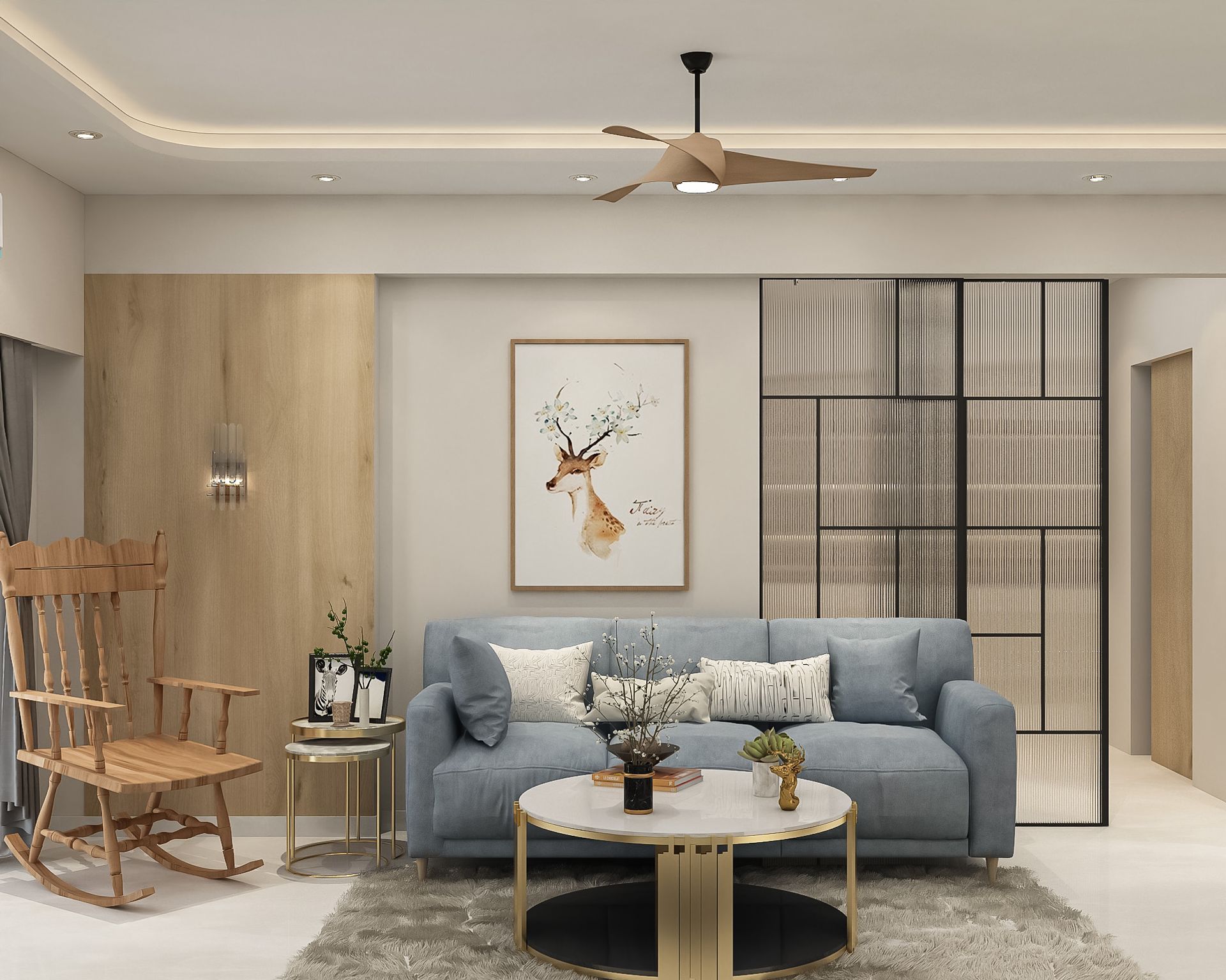 Contemporary Living Room Design with Powder Blue Sofa and Two-Tier ...