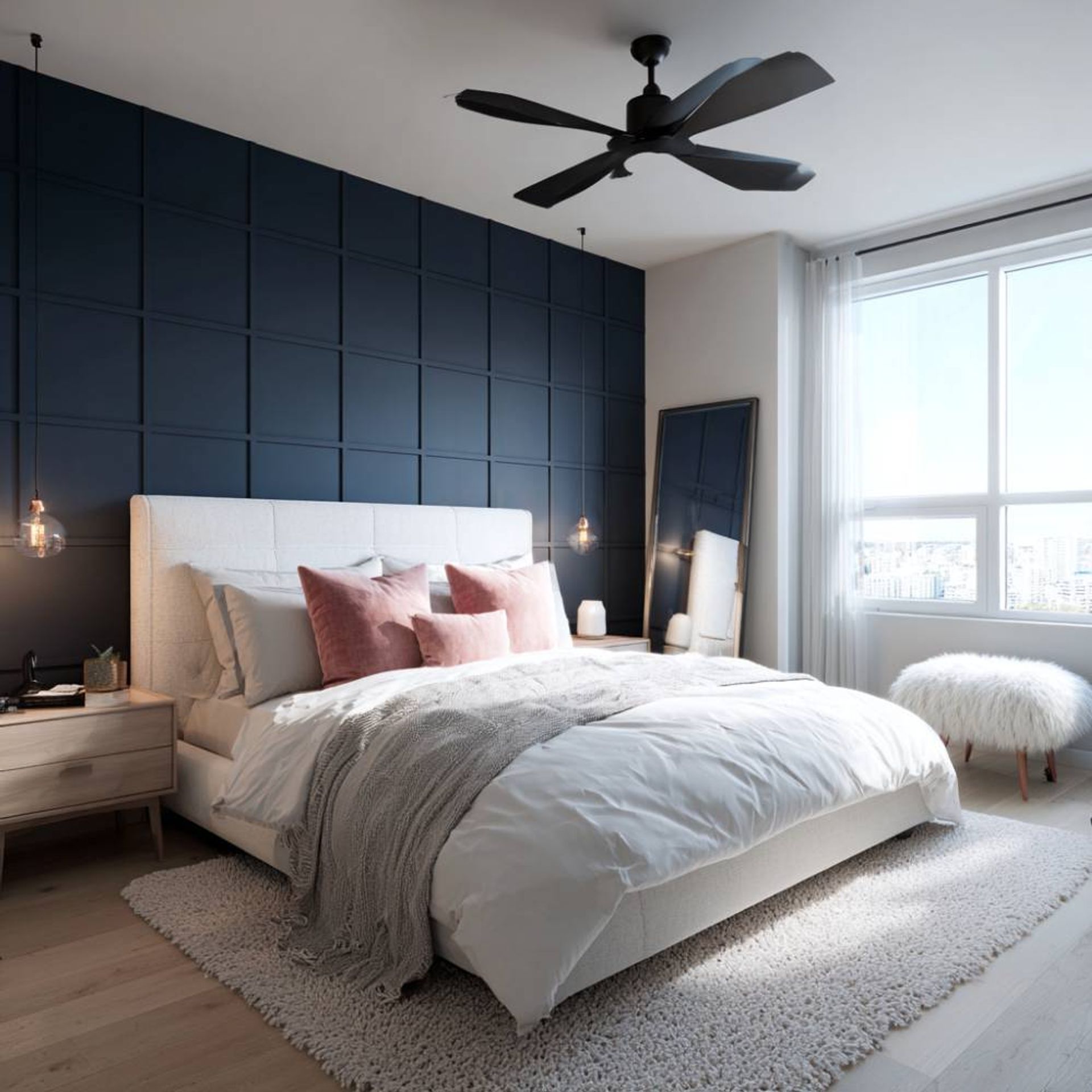 Modern Master Bedroom Design with Charcoal Accent Wall and Paneled Wall ...