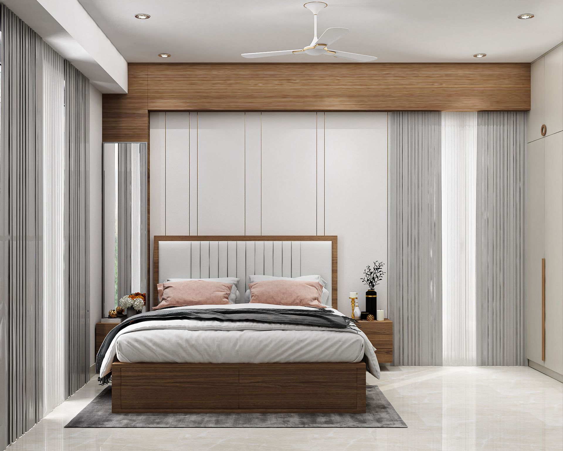 Minimal Master Bedroom Design with Fluted White Panels and Underbed ...