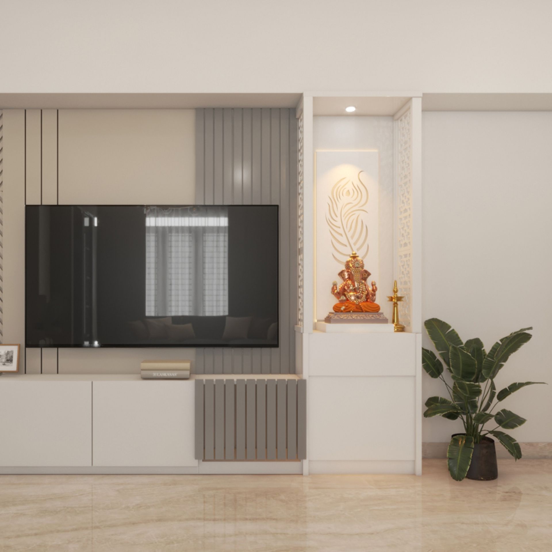 White Floor-Mounted Modern Pooja Room Design with Integrated TV Storage ...
