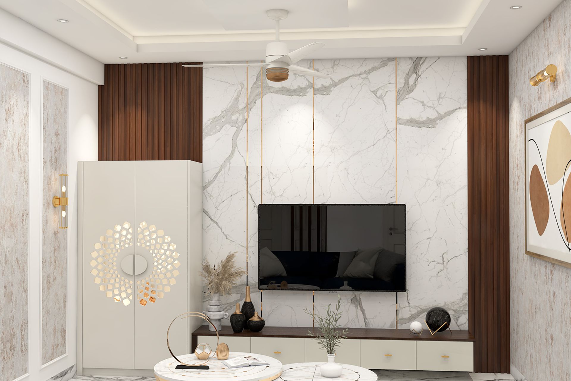Contemporary Champagne and Walnut TV Unit Design with Luxe Panel ...