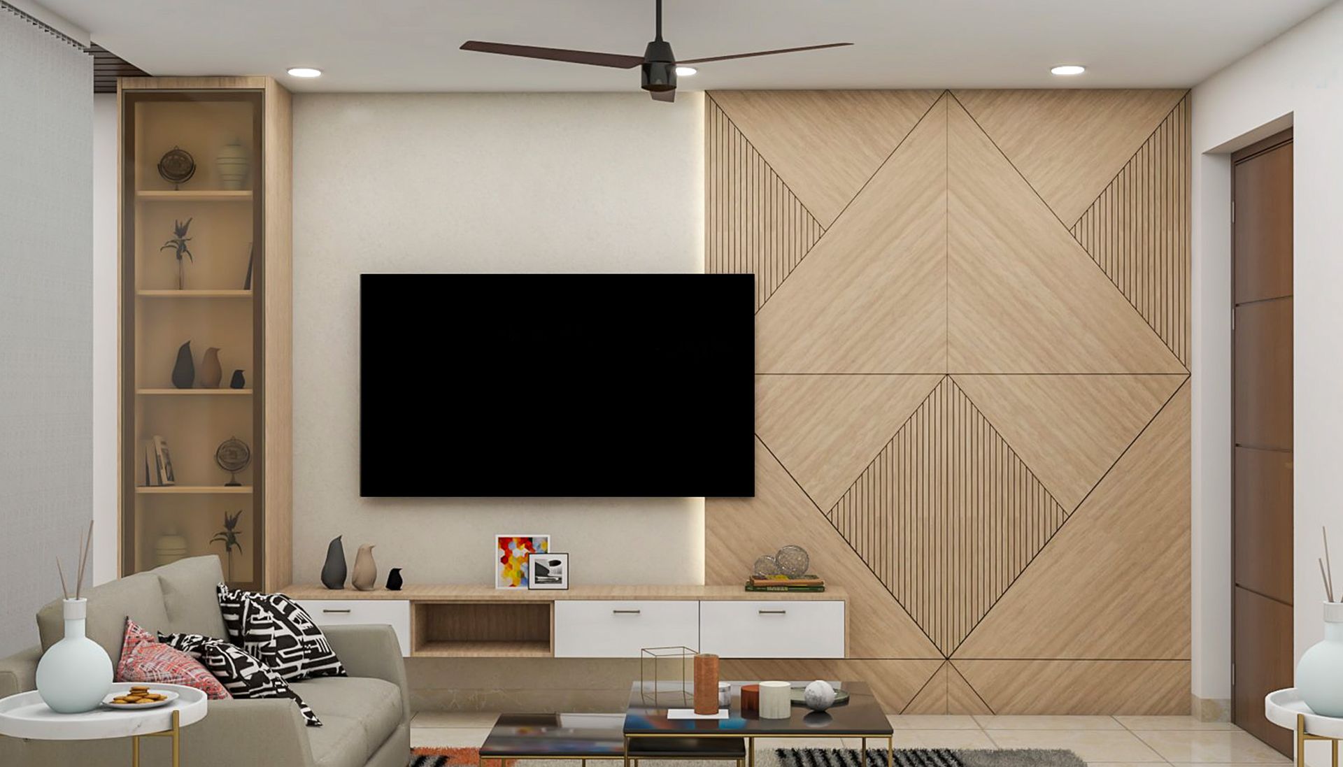 Modern White and Acacia TV Unit Design with Tall Display Cabinet and ...