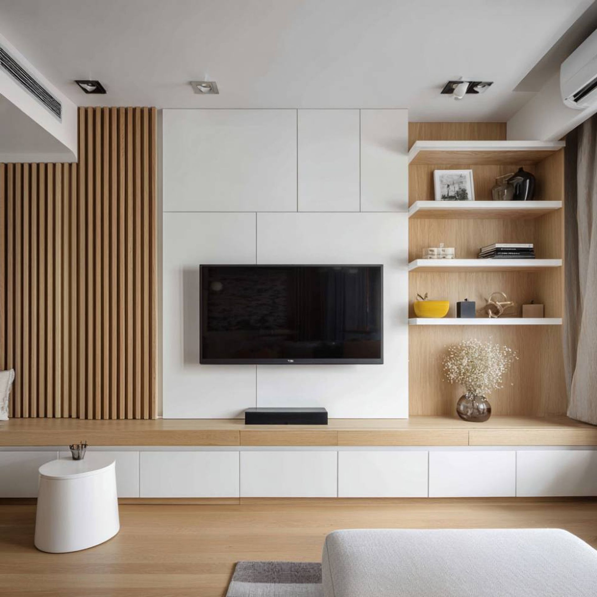 Scandinavian TV Unit Design with Floating White Drawers and Marble Wall — free download
