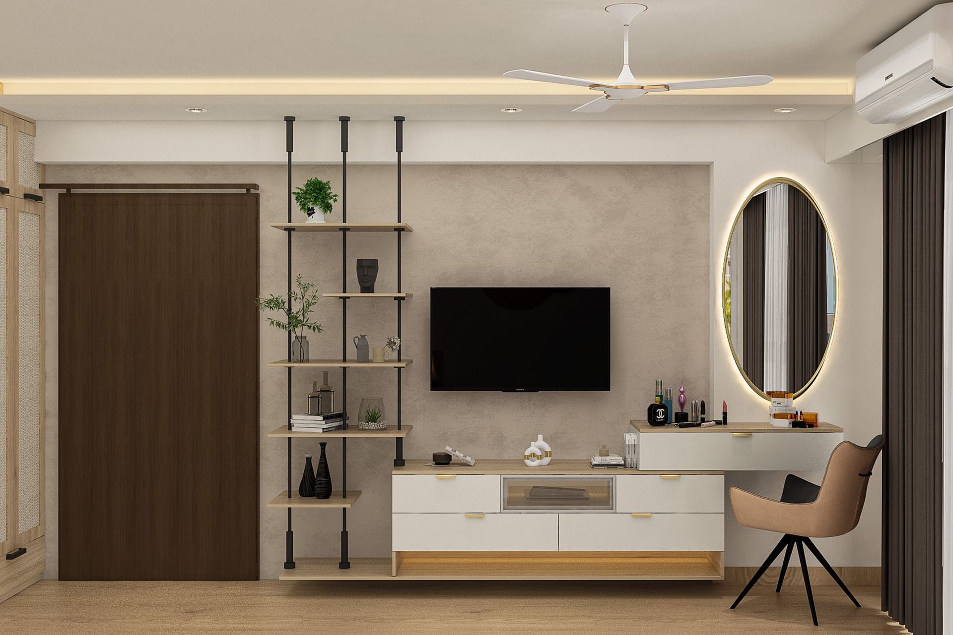 Contemporary White and Acacia TV Unit Design with Ladder Shelf and ...