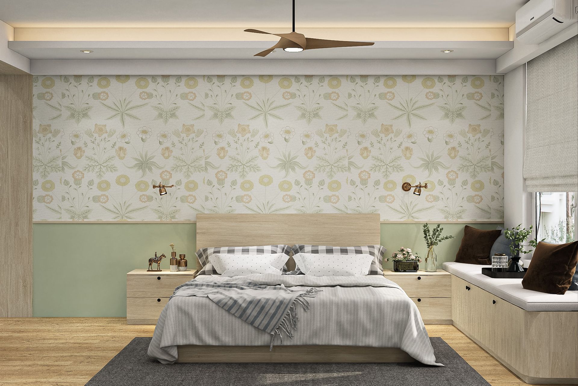 Botanical Modern Bedroom Wallpaper Design with Neutral Floral Accents ...